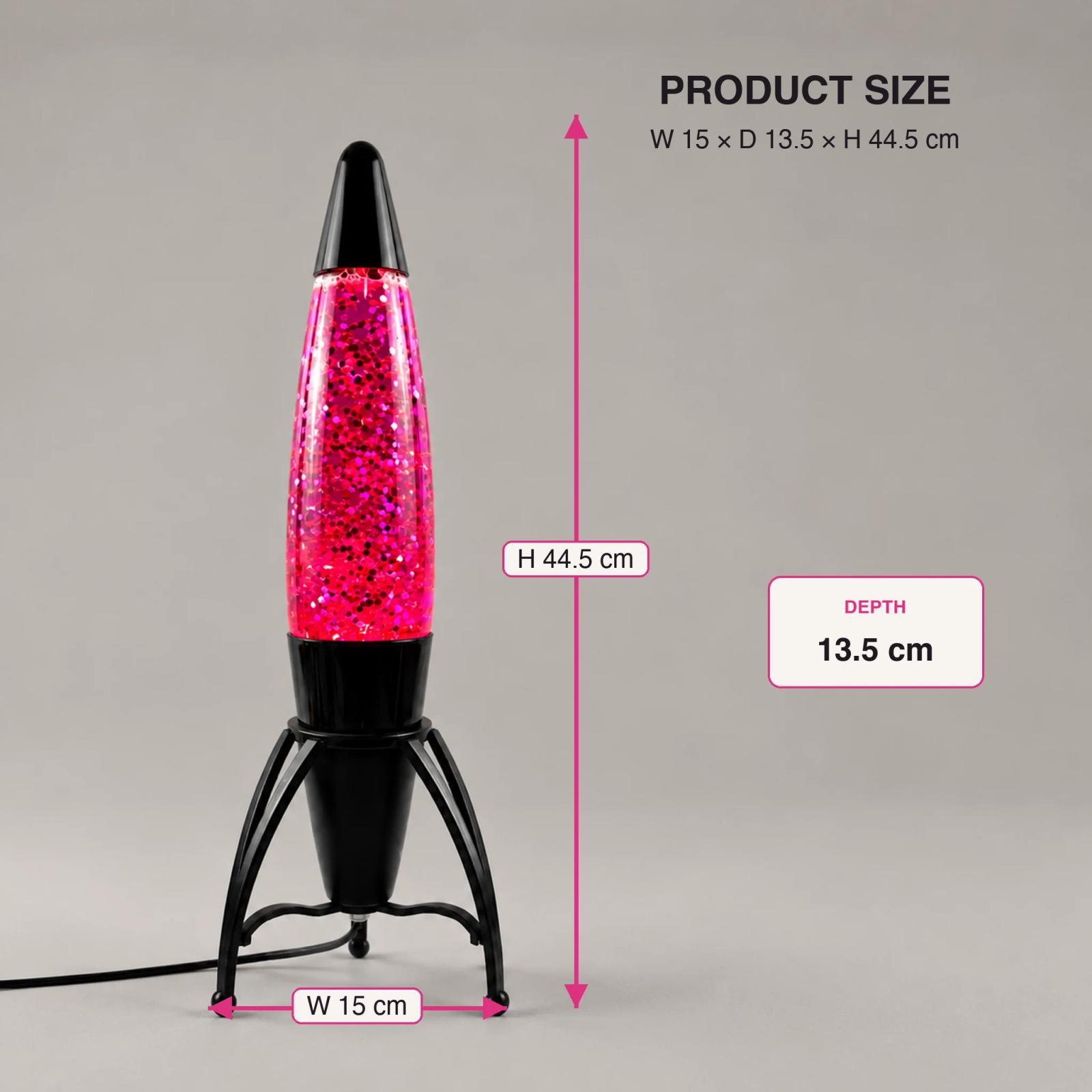 MX-3060 rocket glitter lamp size guide showing 15 cm width, 13.5 cm depth, and 44.5 cm height