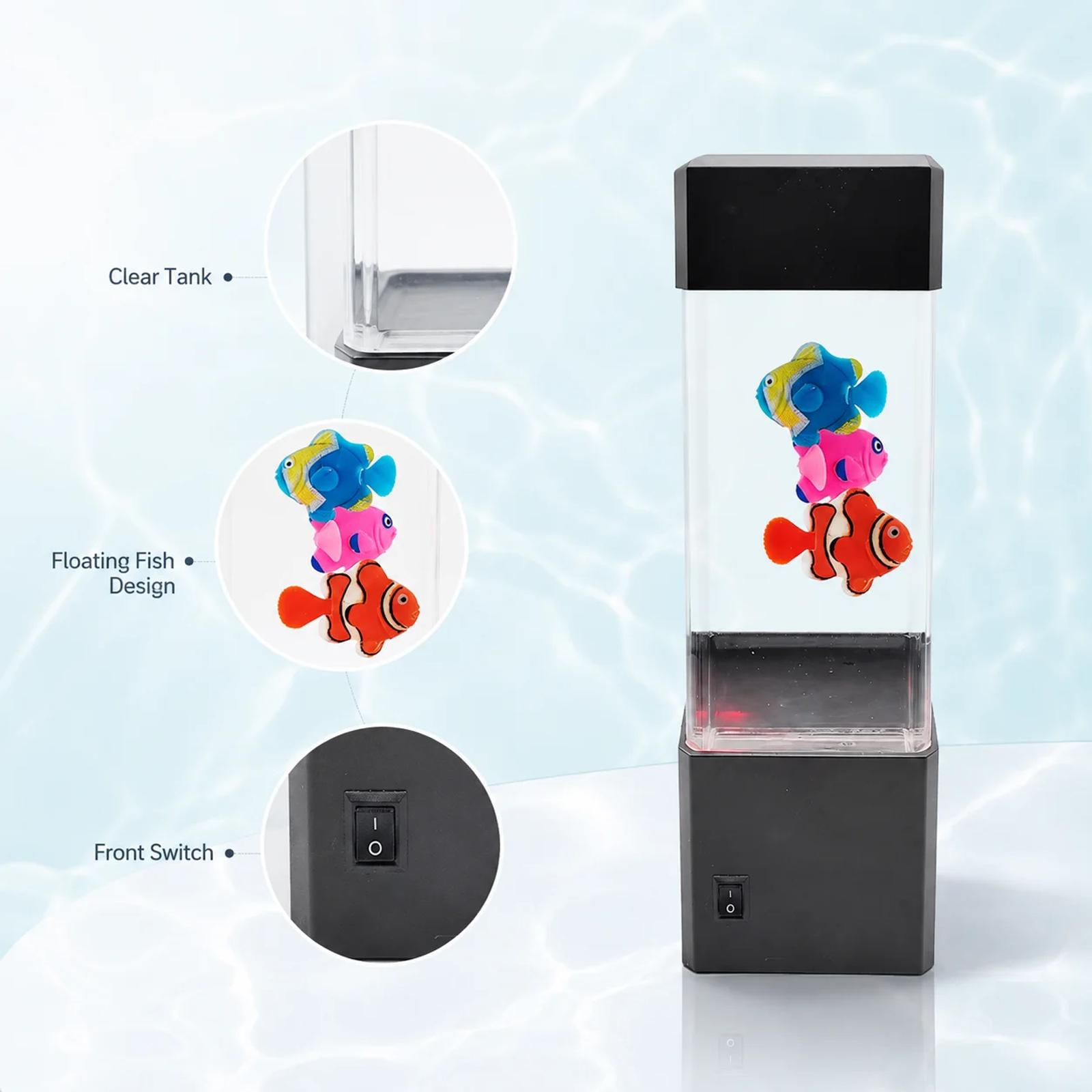 MX-5012 mini aquarium night light detail image showing clear tank, floating fish design and front switch.