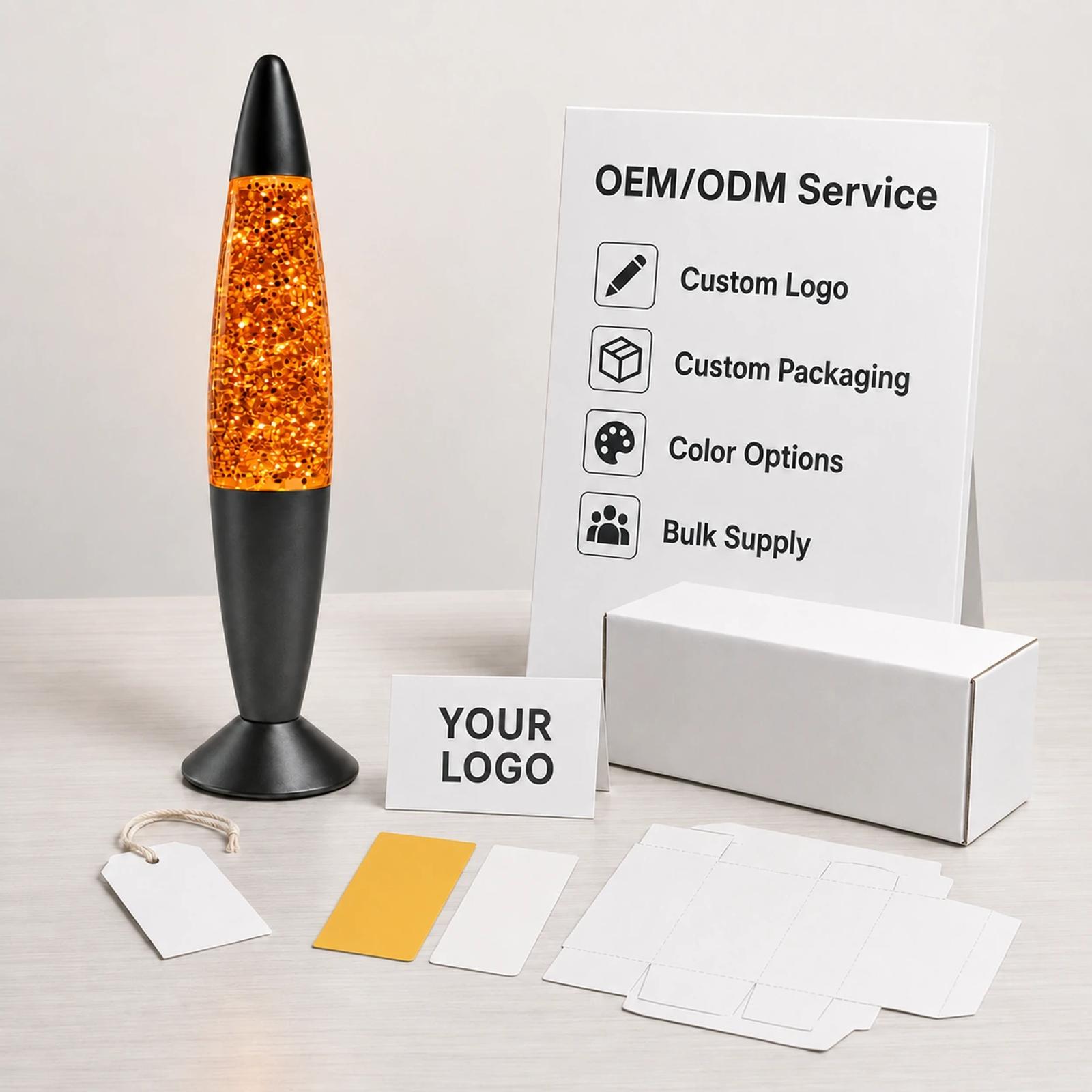 B2B supplier image for MX-3013 glitter night light with OEM ODM service board, blank packaging mockup, custom logo card, and packaging samples.