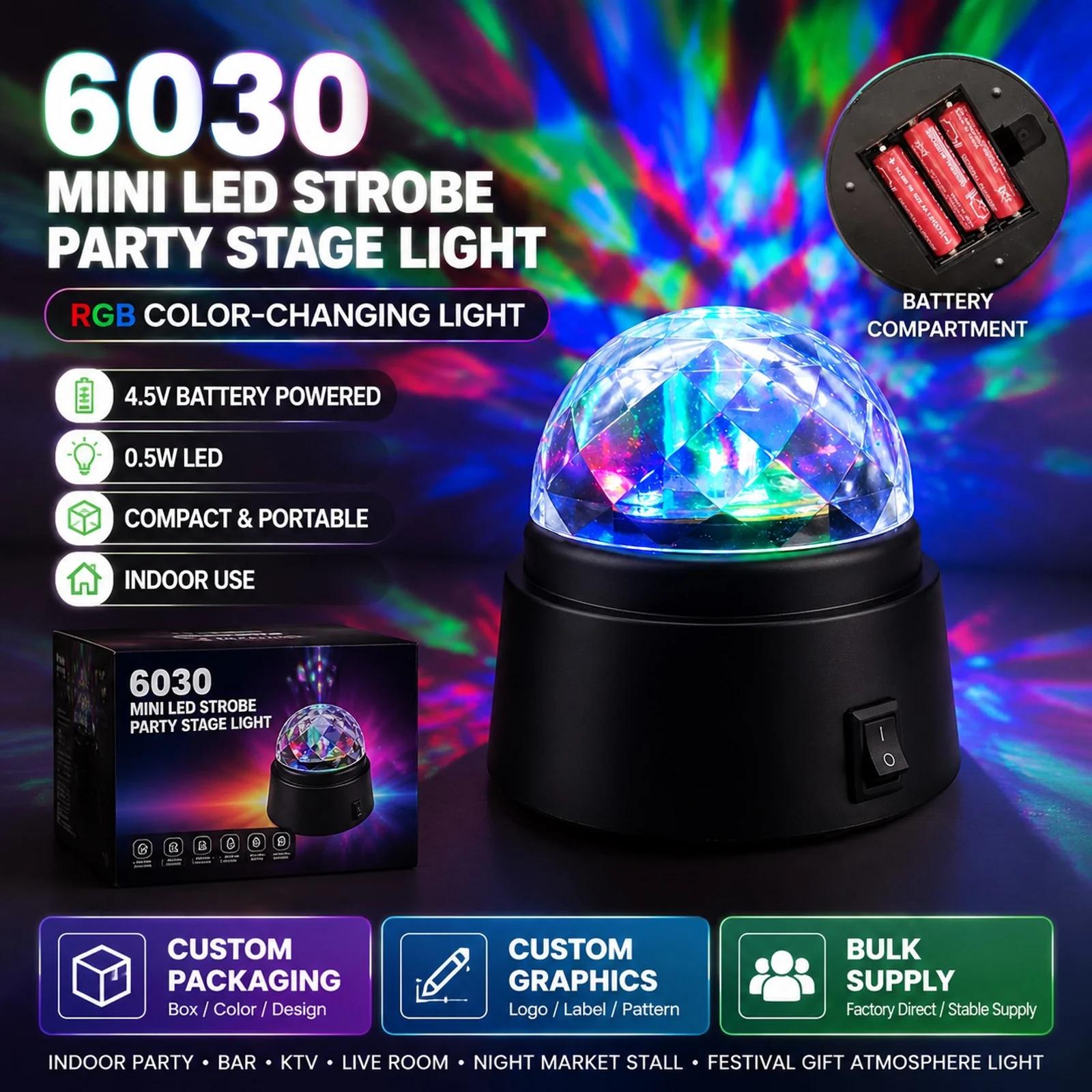 MX-6020 RGB party light shown with custom packaging and bulk supply visual
