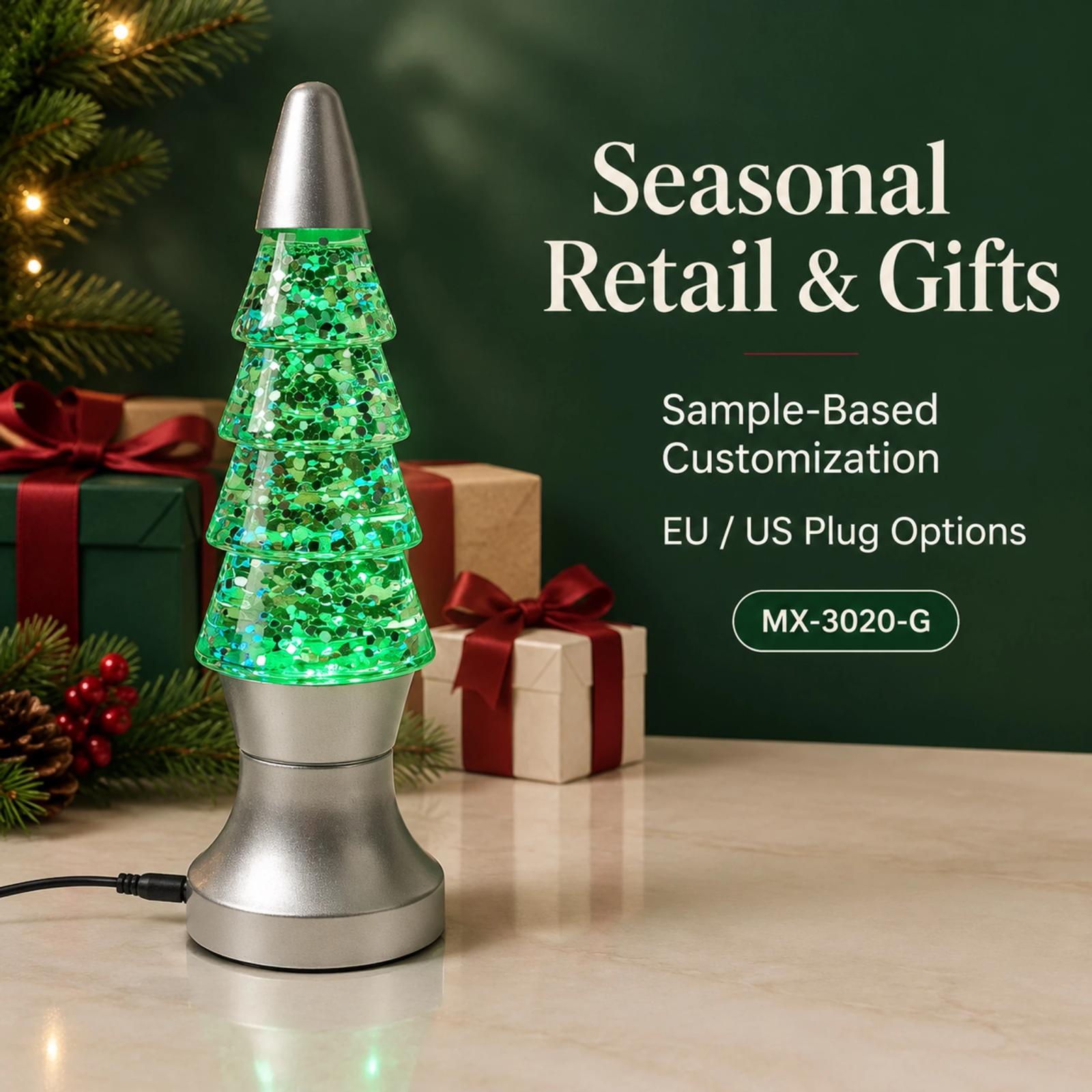 MX-3020-G Green-lit Christmas tree glitter lamp beside seasonal gifts and text about sample-based customization and EU or US plug options