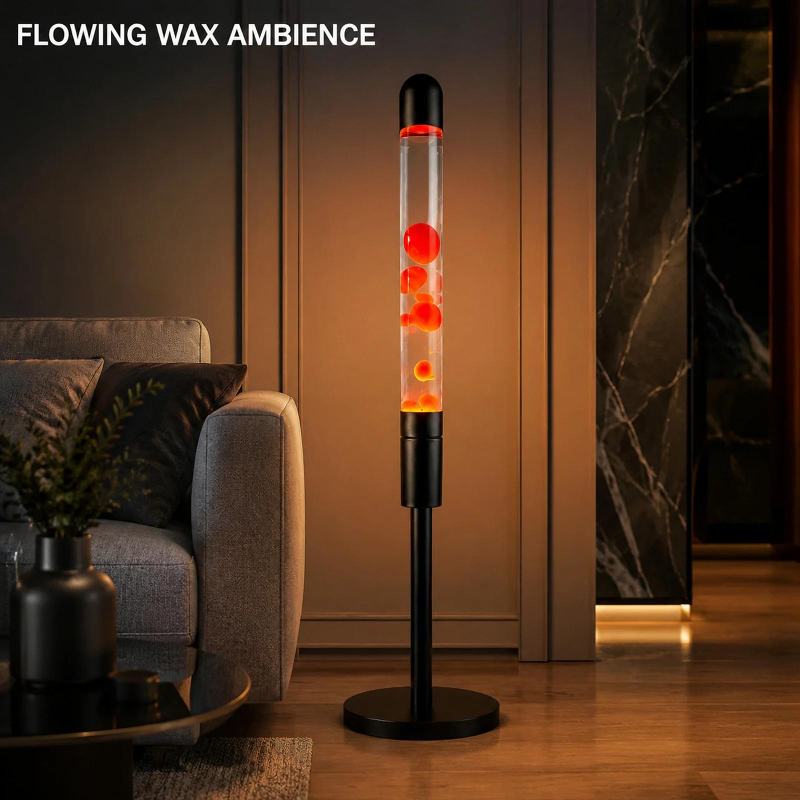 Floor standing lava lamp showing red-orange flowing wax ambience in the clear vertical bottle