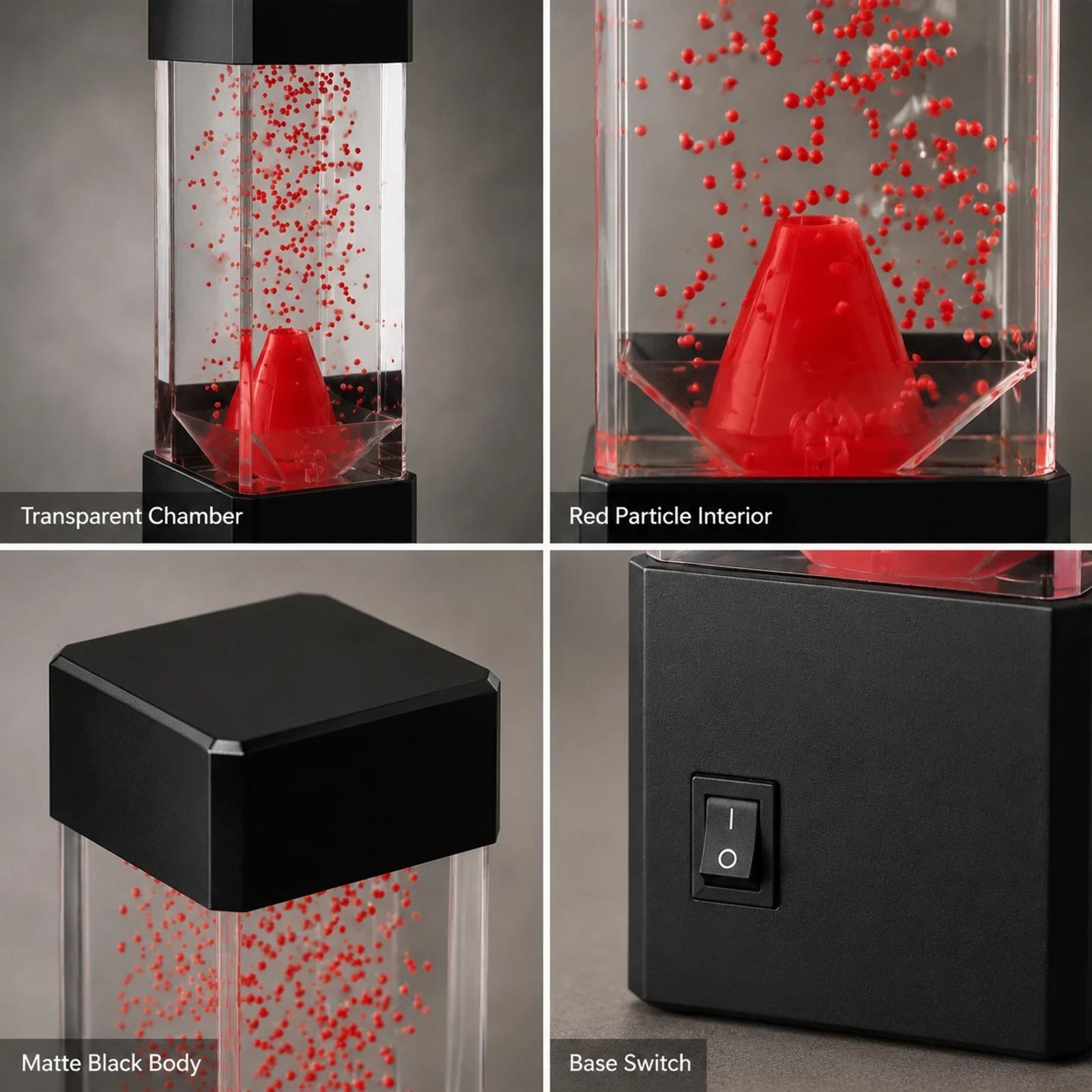MX-5016 red bubble lamp transparent chamber, red particle interior, black body, and base switch detail.