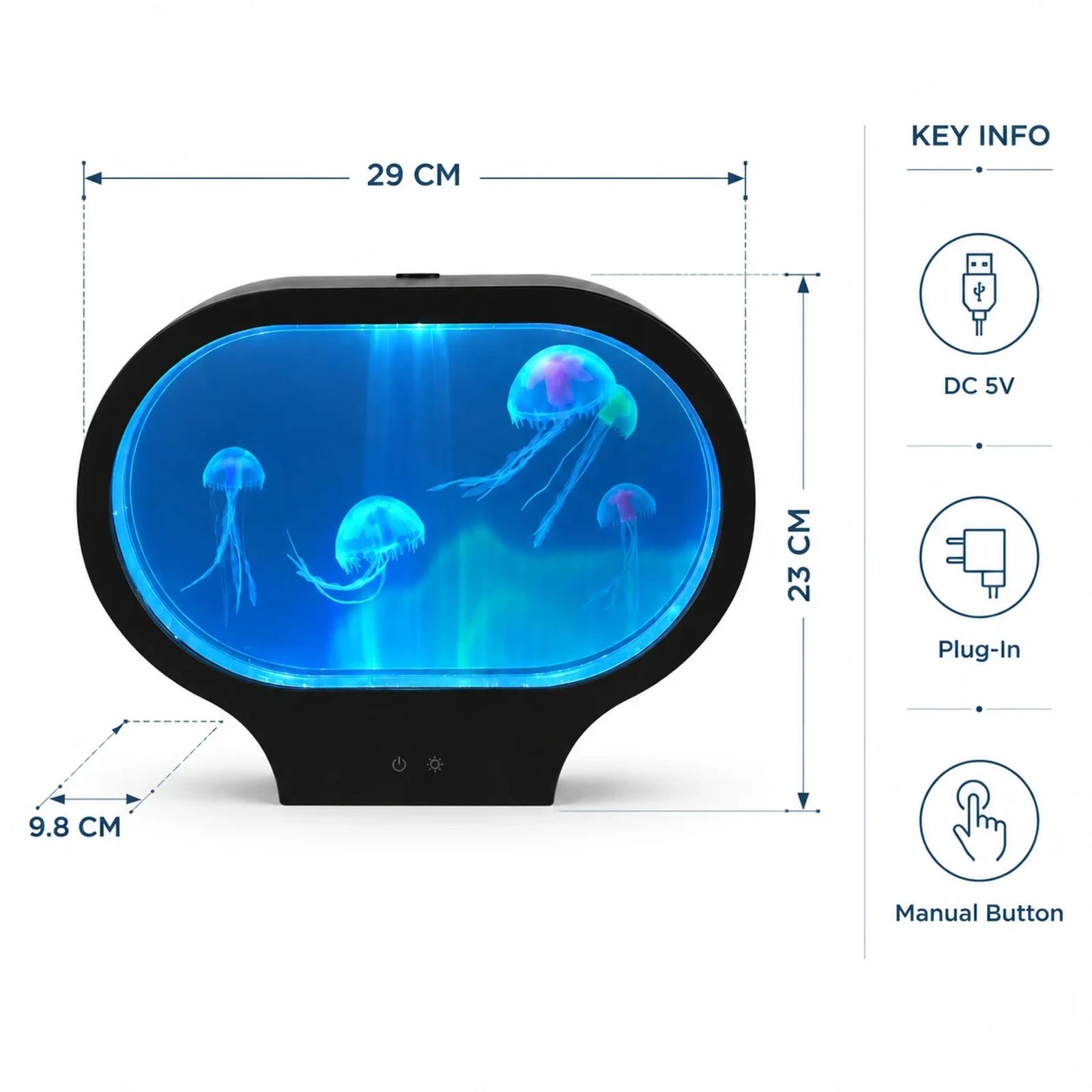 Specification image showing MX-5013O jellyfish lamp size, DC 5V power, plug-in use, and manual button.