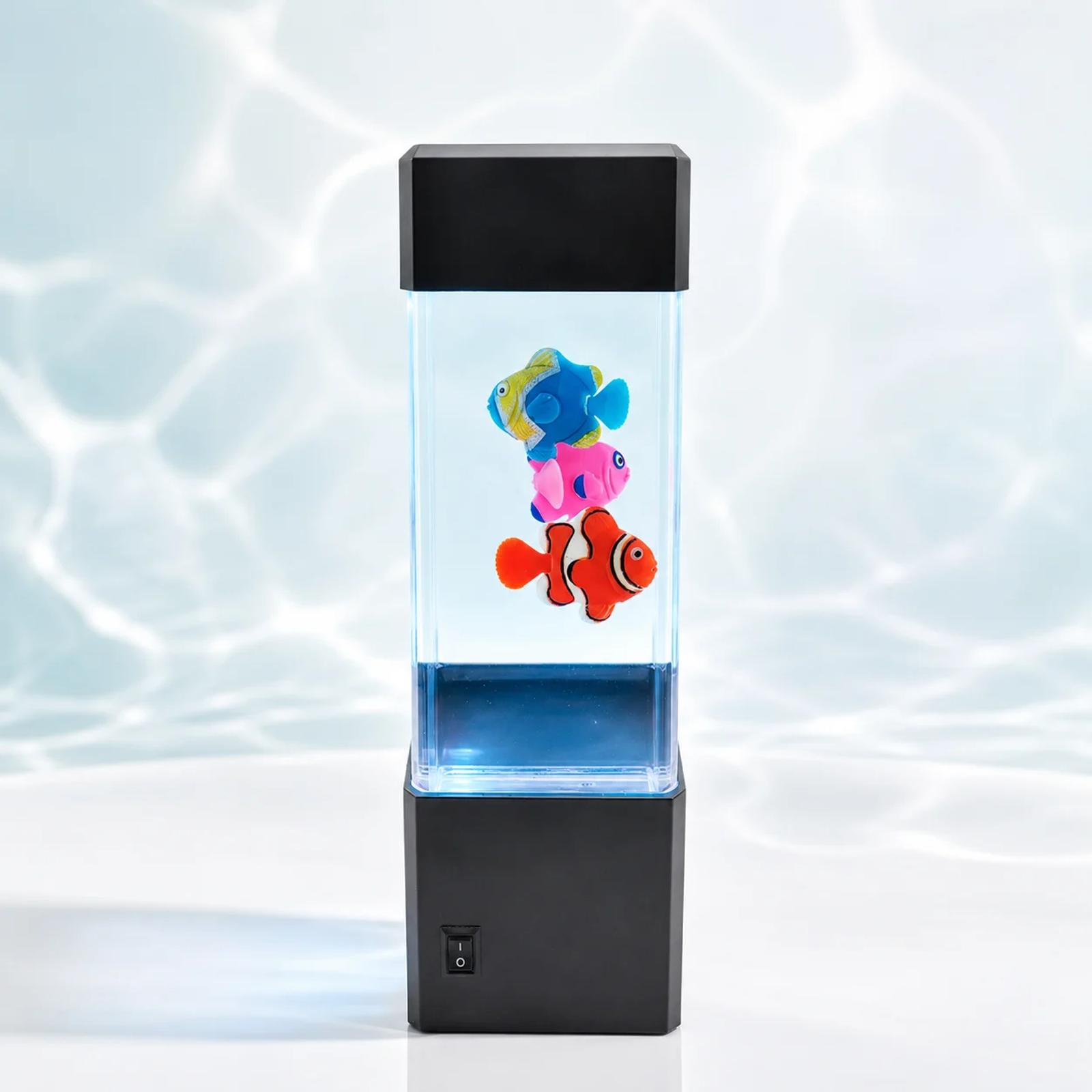 MX-5012 mini fish aquarium night light with clear tank, colorful fish and soft water ripple background.