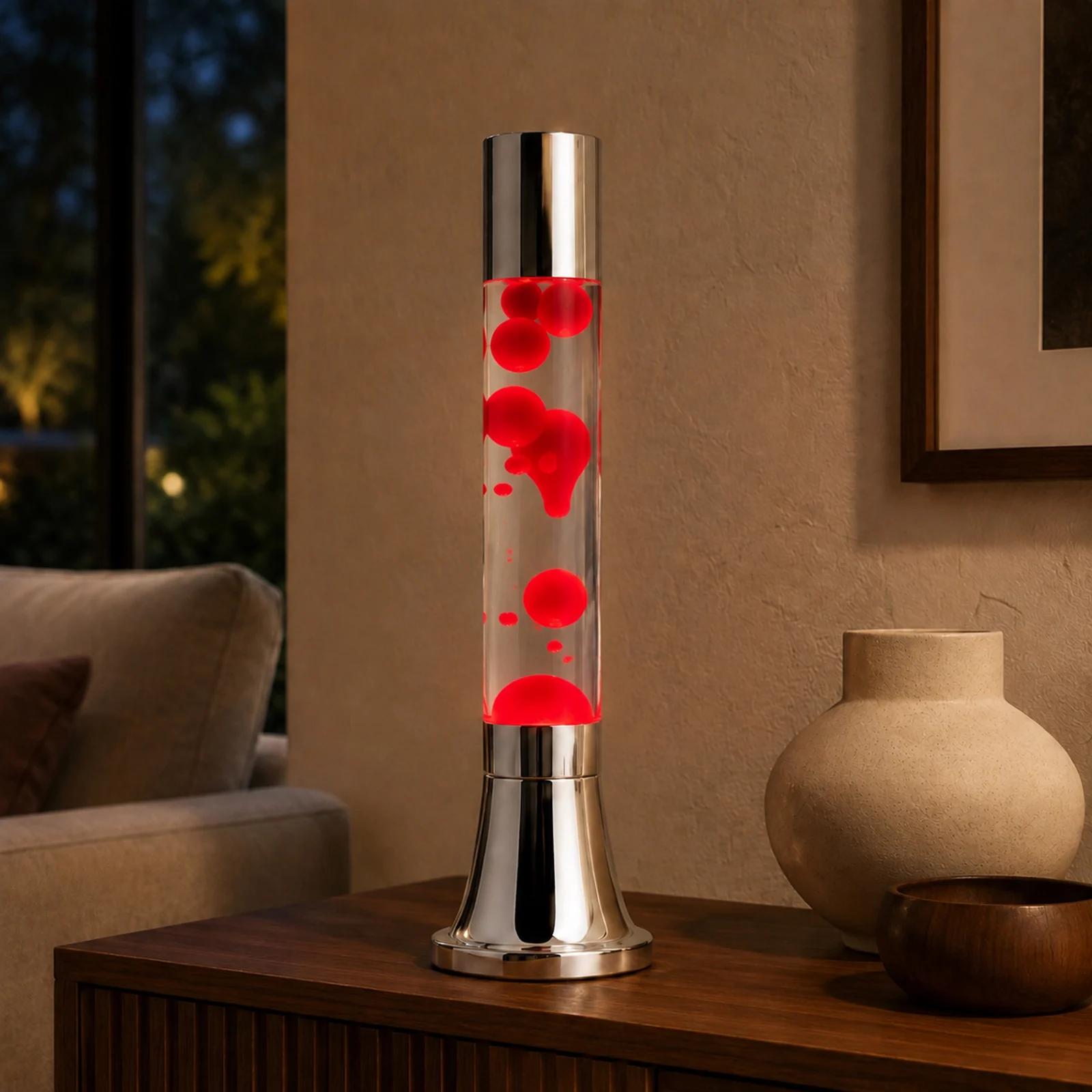 55 cm silver electroplated lava lamp with red flowing wax in a warm living-room scene