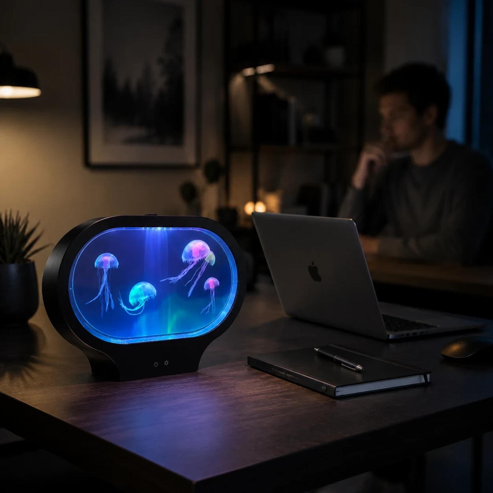 MX-5013O jellyfish night light used on a desk as soft home decor lighting.