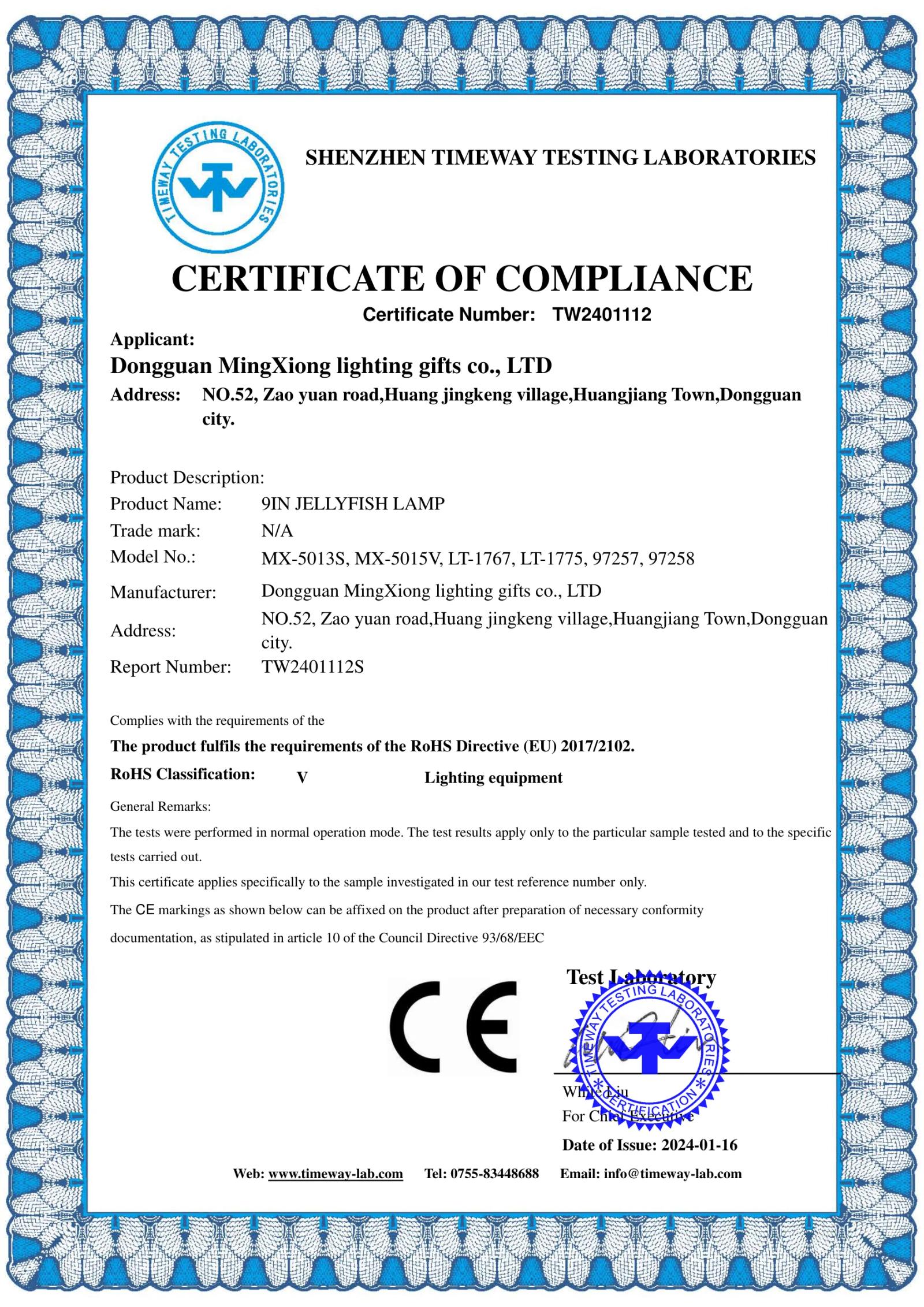 MX-97258 Jellyfish Lamp RoHS certificate preview