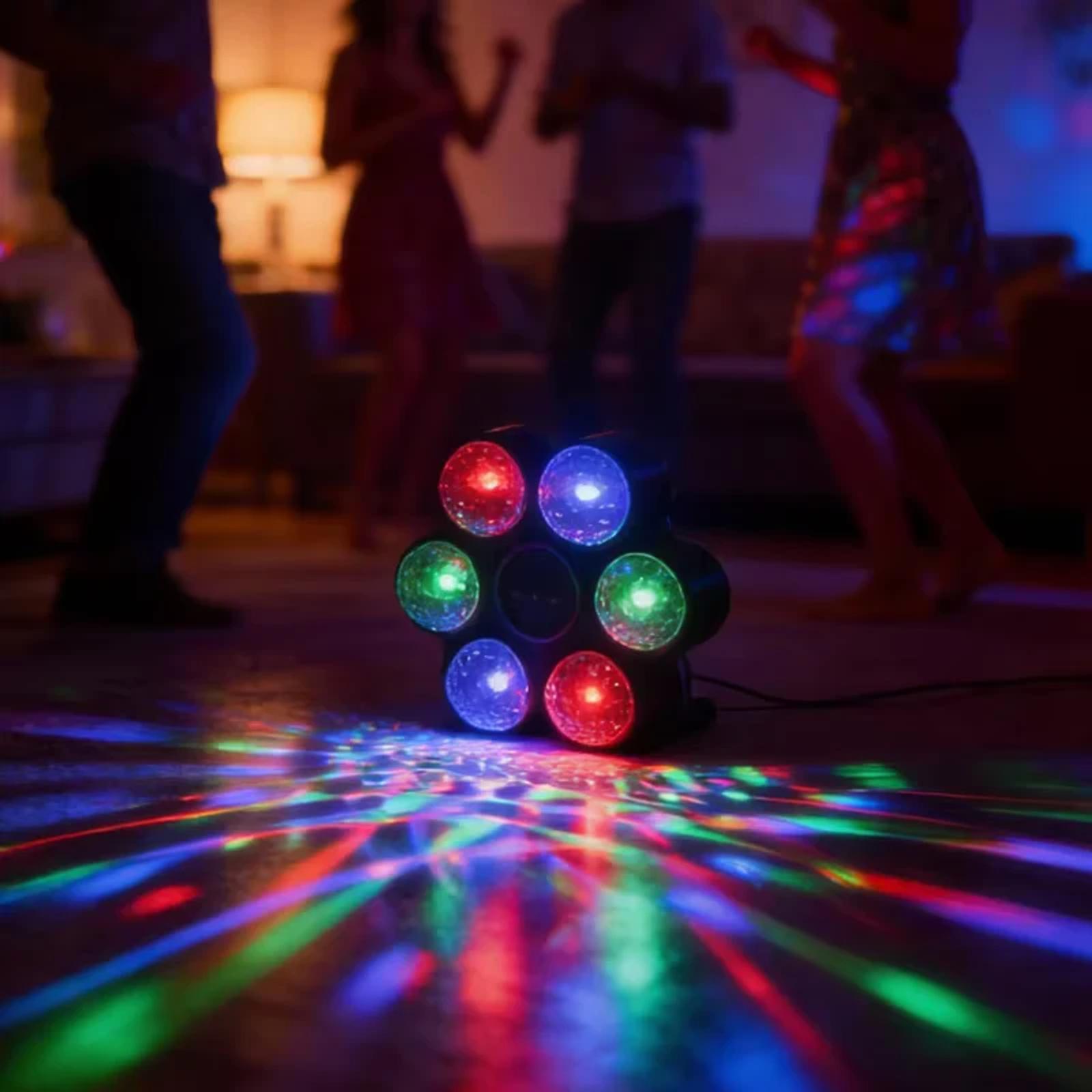 Sound activated MX-6050 party light creating RGB beam effects for home dance parties