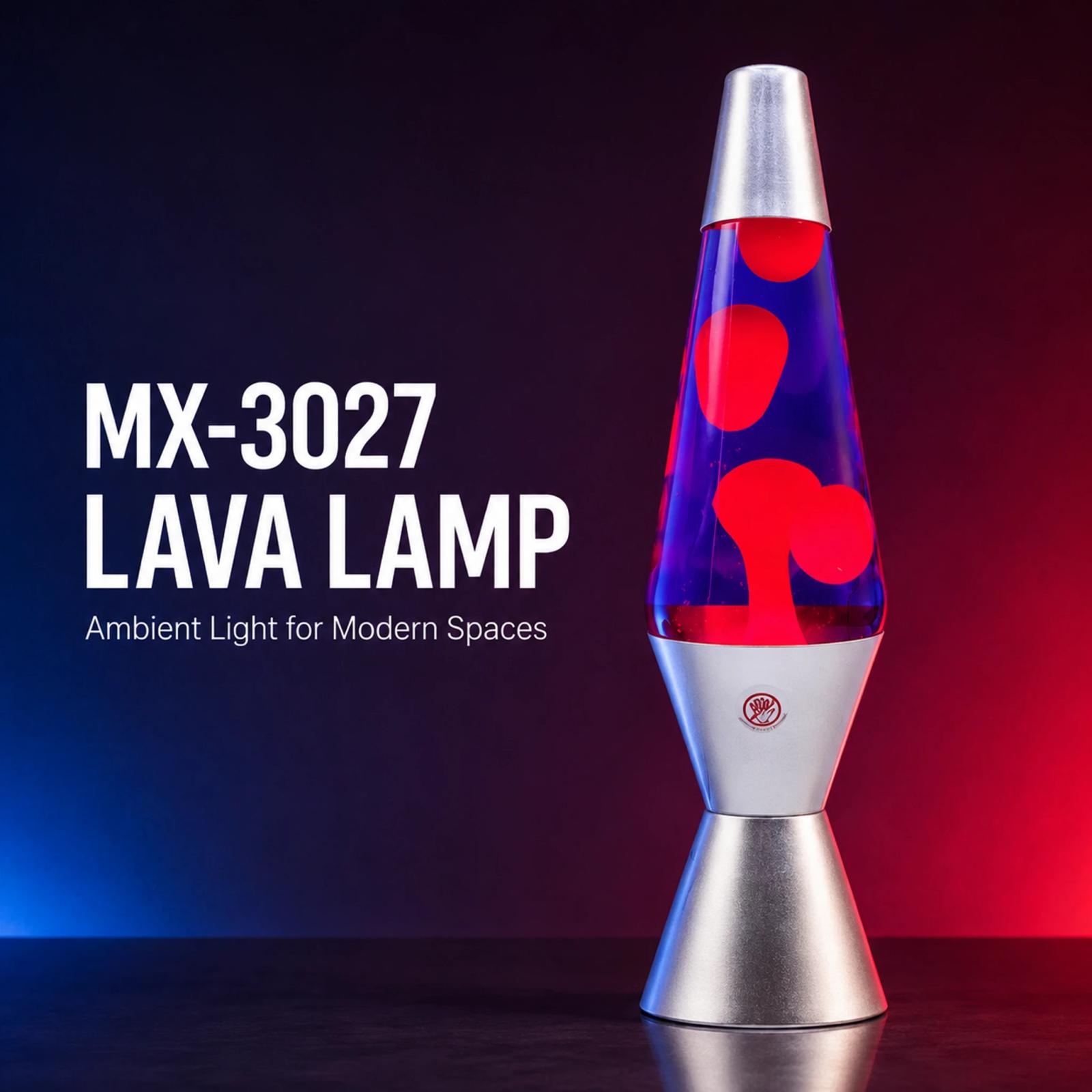 MX-3027 14.5-inch metal lava lamp with blue liquid and red wax in a dark studio