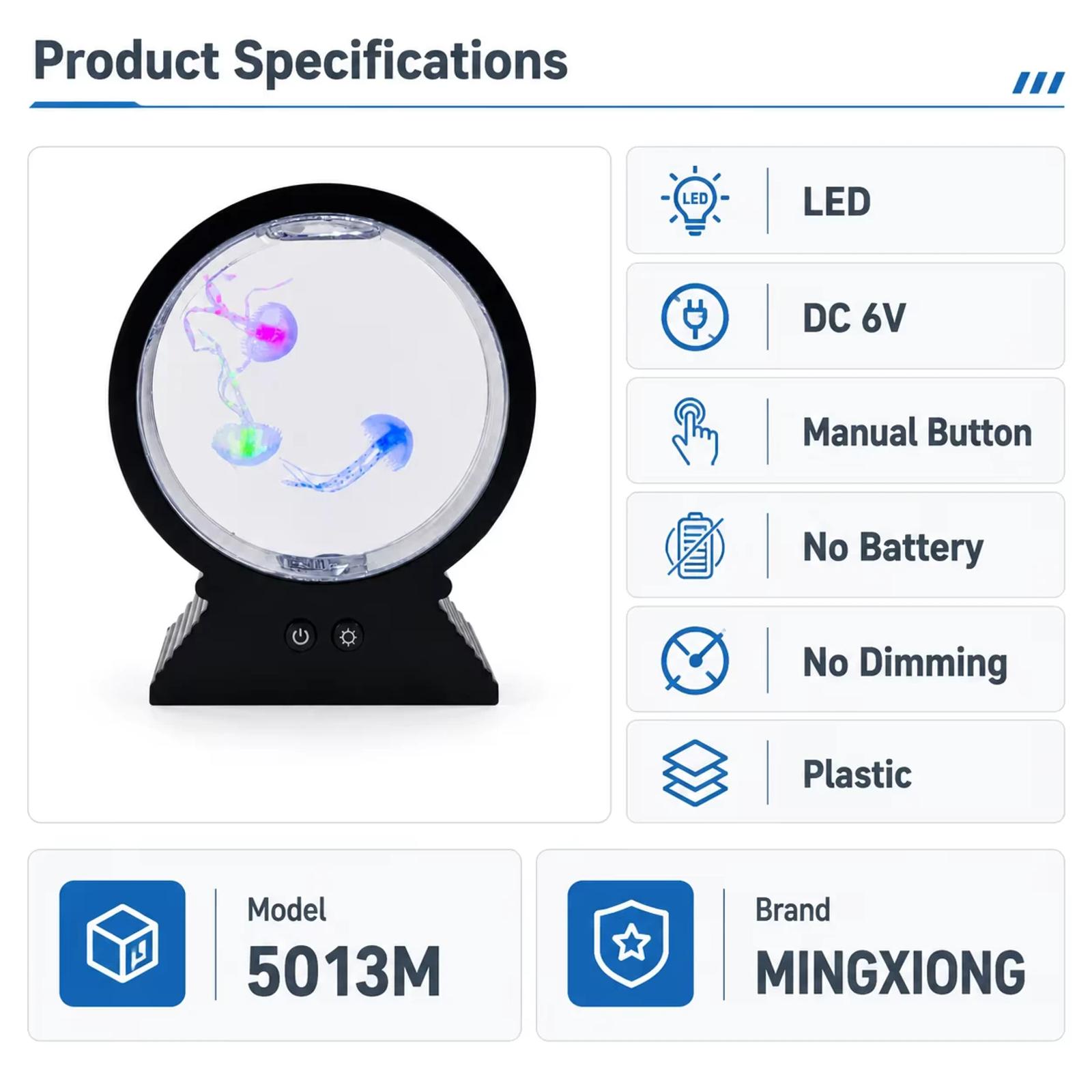 MX-5013M LED jellyfish night light specifications showing DC 6V, manual button, plastic body, and no battery