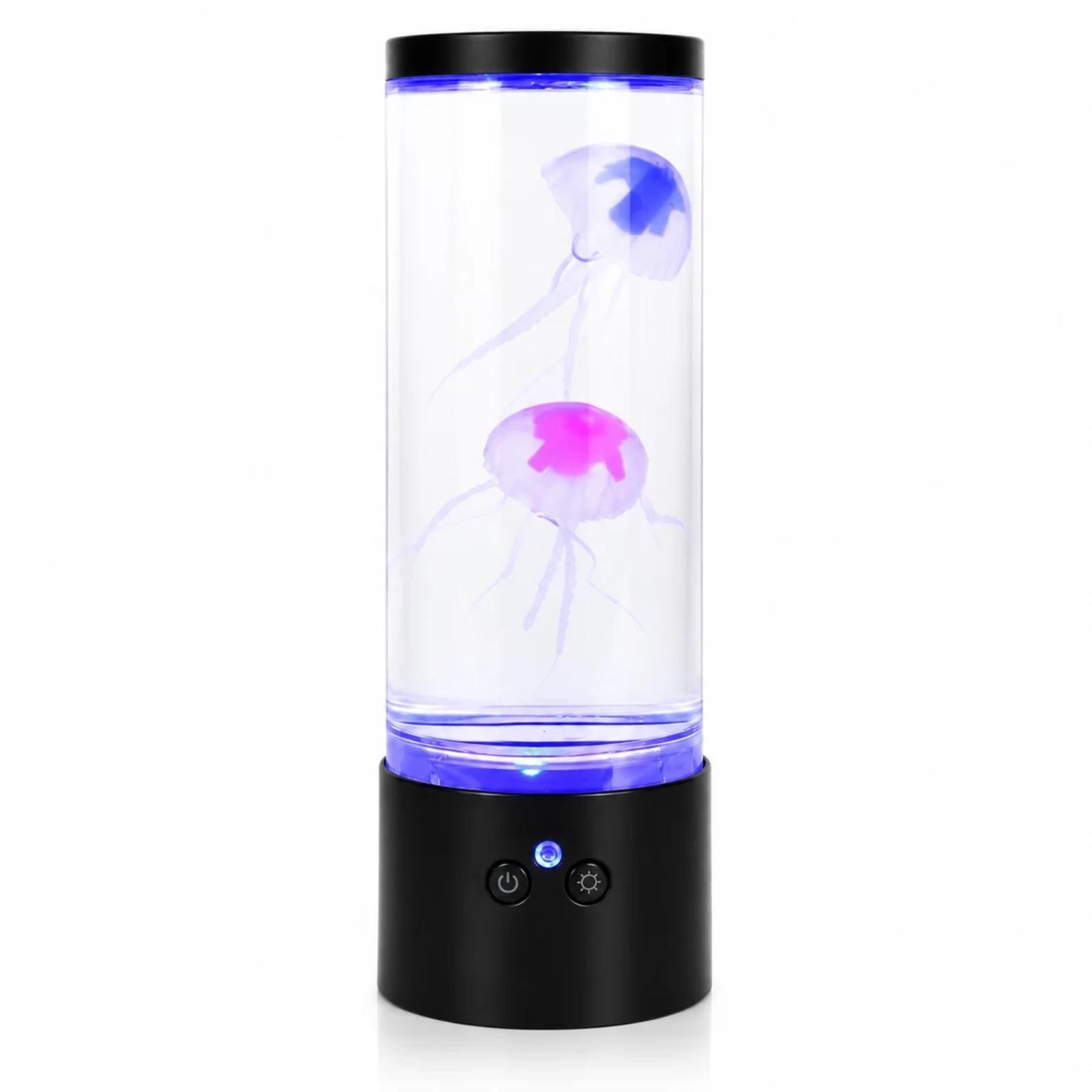 Front product view of MX-5013F LED jellyfish lamp with clear cylinder, black base, and simulated jellyfish.