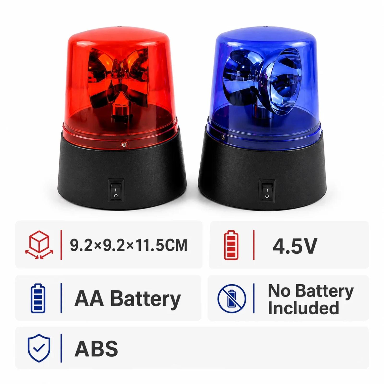 Key specs image for MX-6016-2 mini LED party beacon showing compact size and battery operation