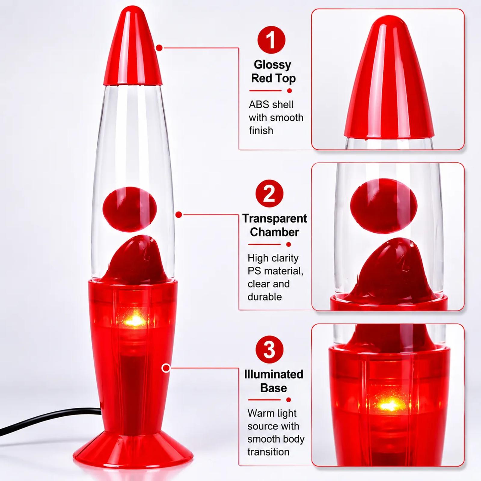 MX-3021 rose red lava lamp highlighting the glossy top, clear chamber, and illuminated base.