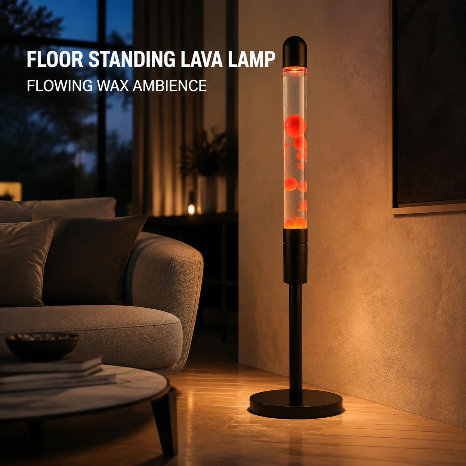 100 cm floor standing lava lamp with black body and red-orange flowing wax in a lounge interior