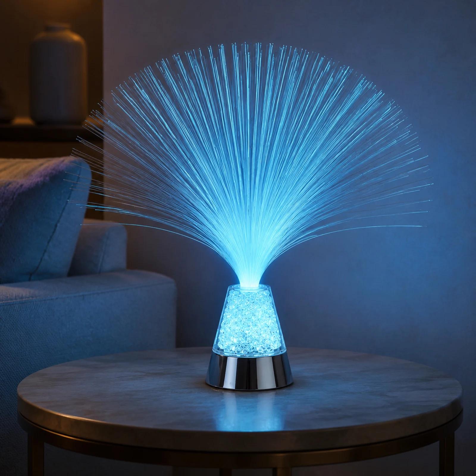 MX-1020 color-changing fiber optic lamp glowing cyan on a living room side table