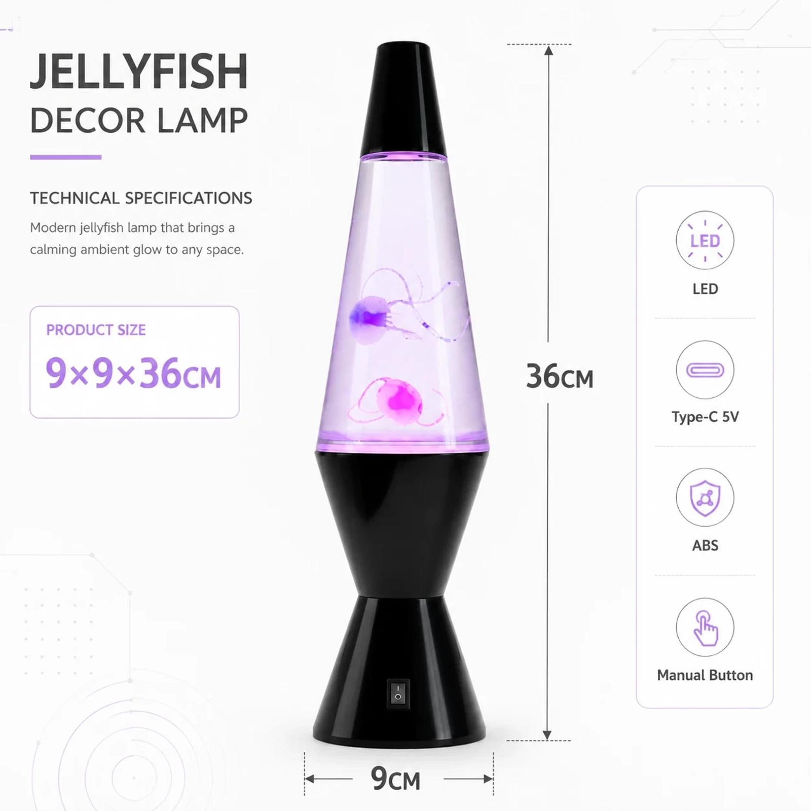 MX-5013Z LED jellyfish lamp size and Type-C 5V specification image showing 9.5 by 9.5 by 36 cm catalog size