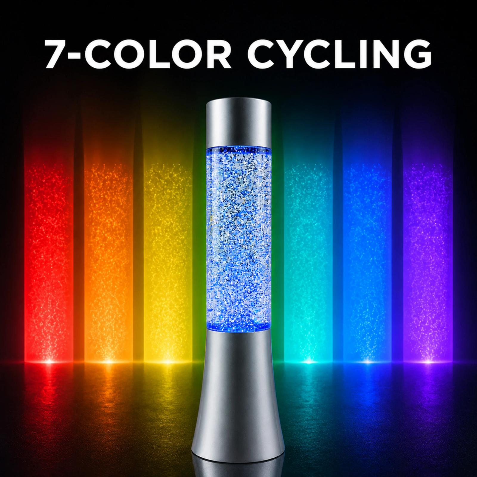 MX-3126C rotating glitter lamp showing seven LED color states