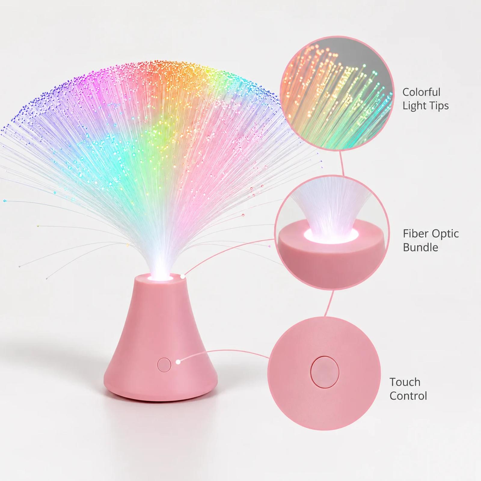 Detail image showing the touch control area, fiber strands, and glowing tips of the MX-1011N fiber optic lamp.