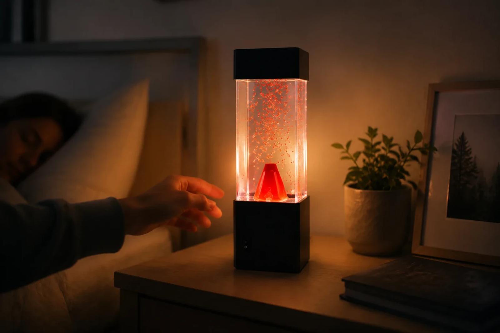 MX-5016 red bubble volcano lamp used as a warm home decor night light for desk or bedside scenes.