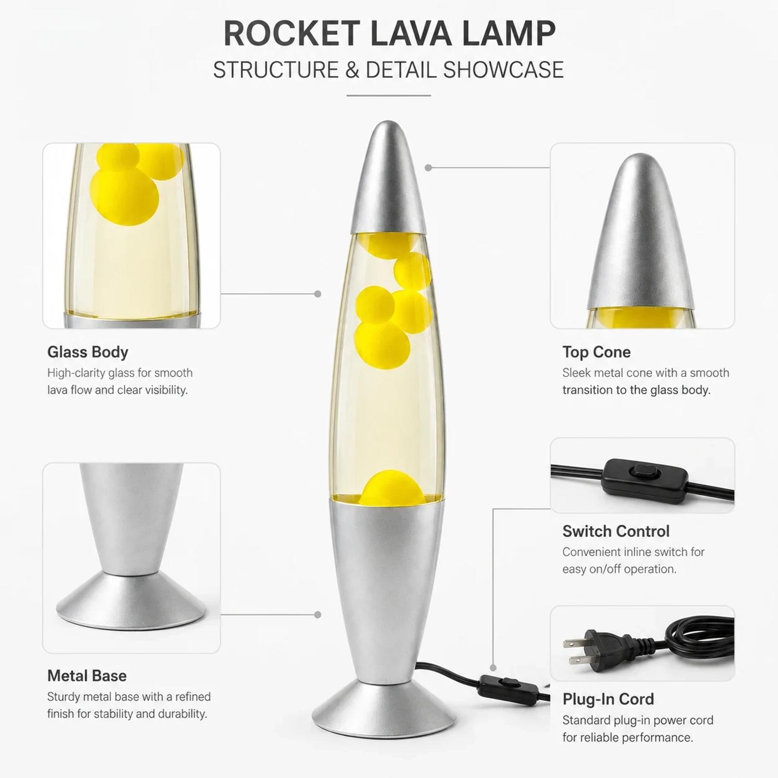 MX-3015C lava lamp structure detail showing tall bottle body, silver base, and yellow wax chamber