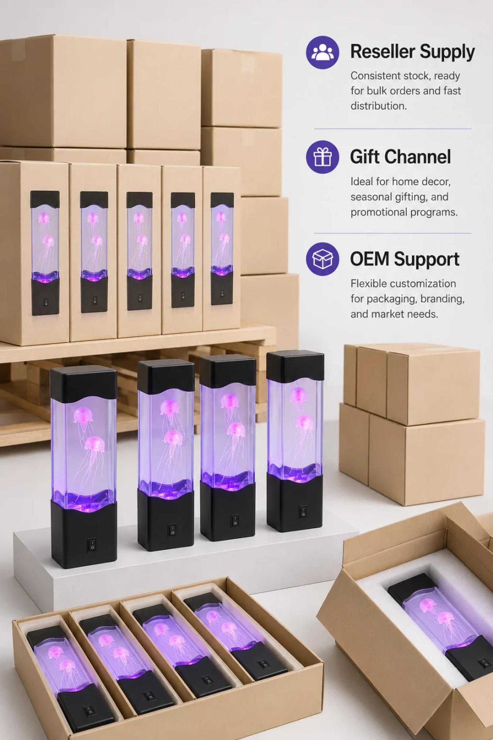 Packaging and wholesale support image for MX-5013 jellyfish LED fish lamp for gift and home decor buyers