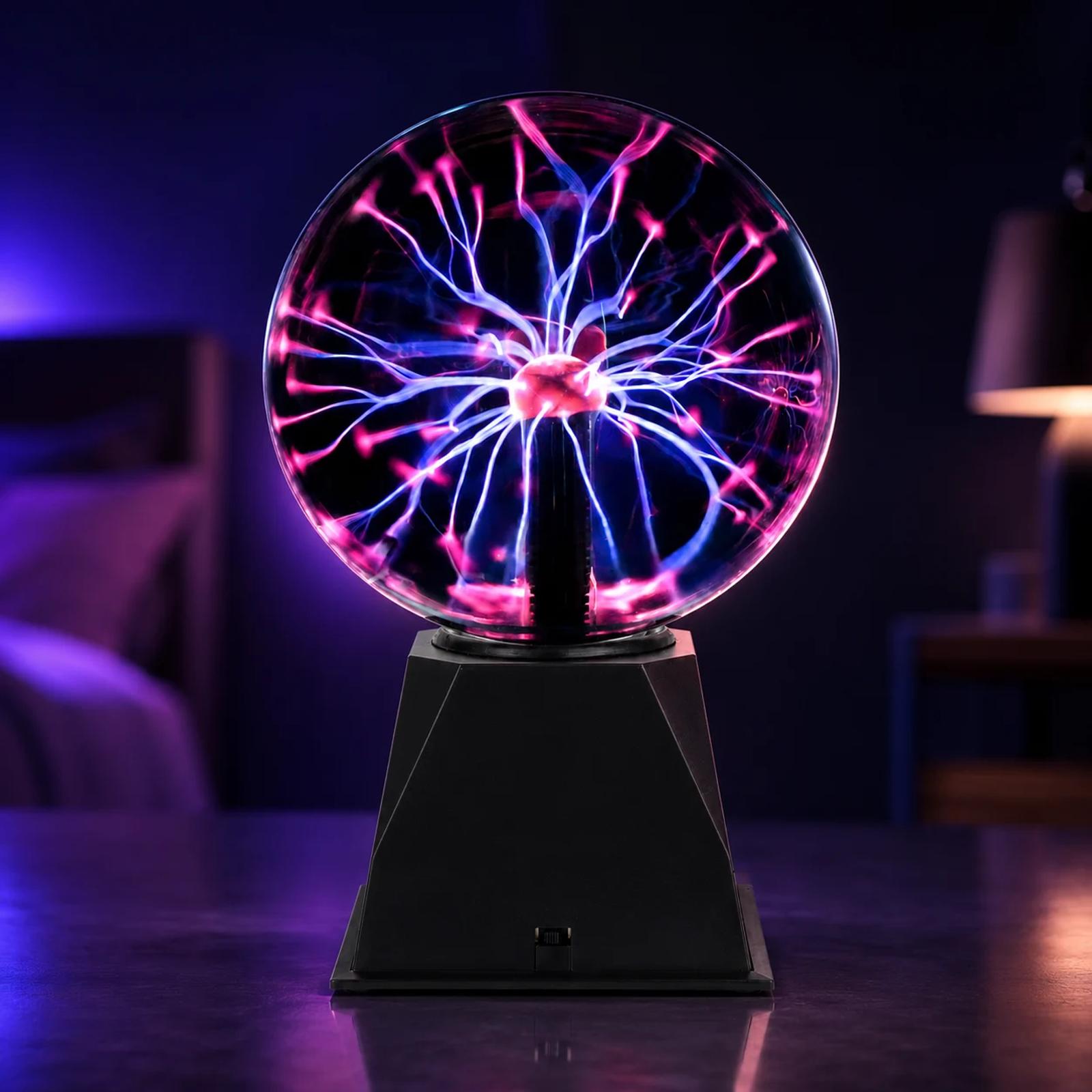 MX-7012 plasma ball LED night light with transparent glass sphere, pink and blue electric arcs, black base and front switch for bedroom or desk decor.