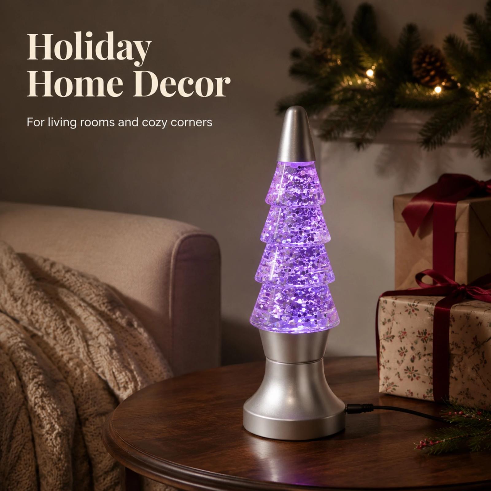 MX-3020-G Purple-lit Christmas tree glitter lamp on a side table next to a sofa and holiday decorations