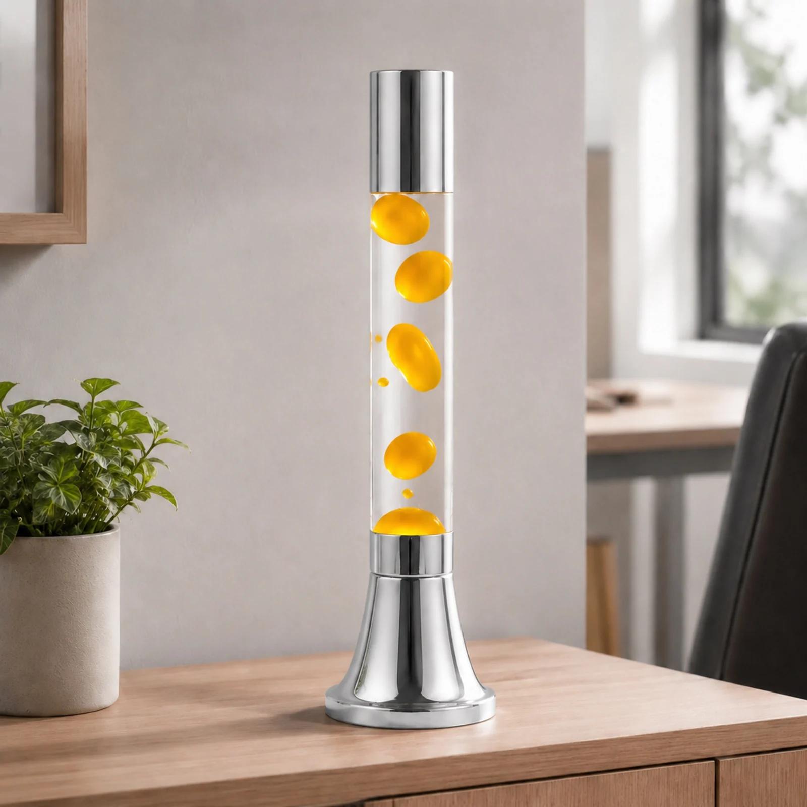 55 cm silver electroplated lava lamp with yellow flowing wax in a bright tabletop setting