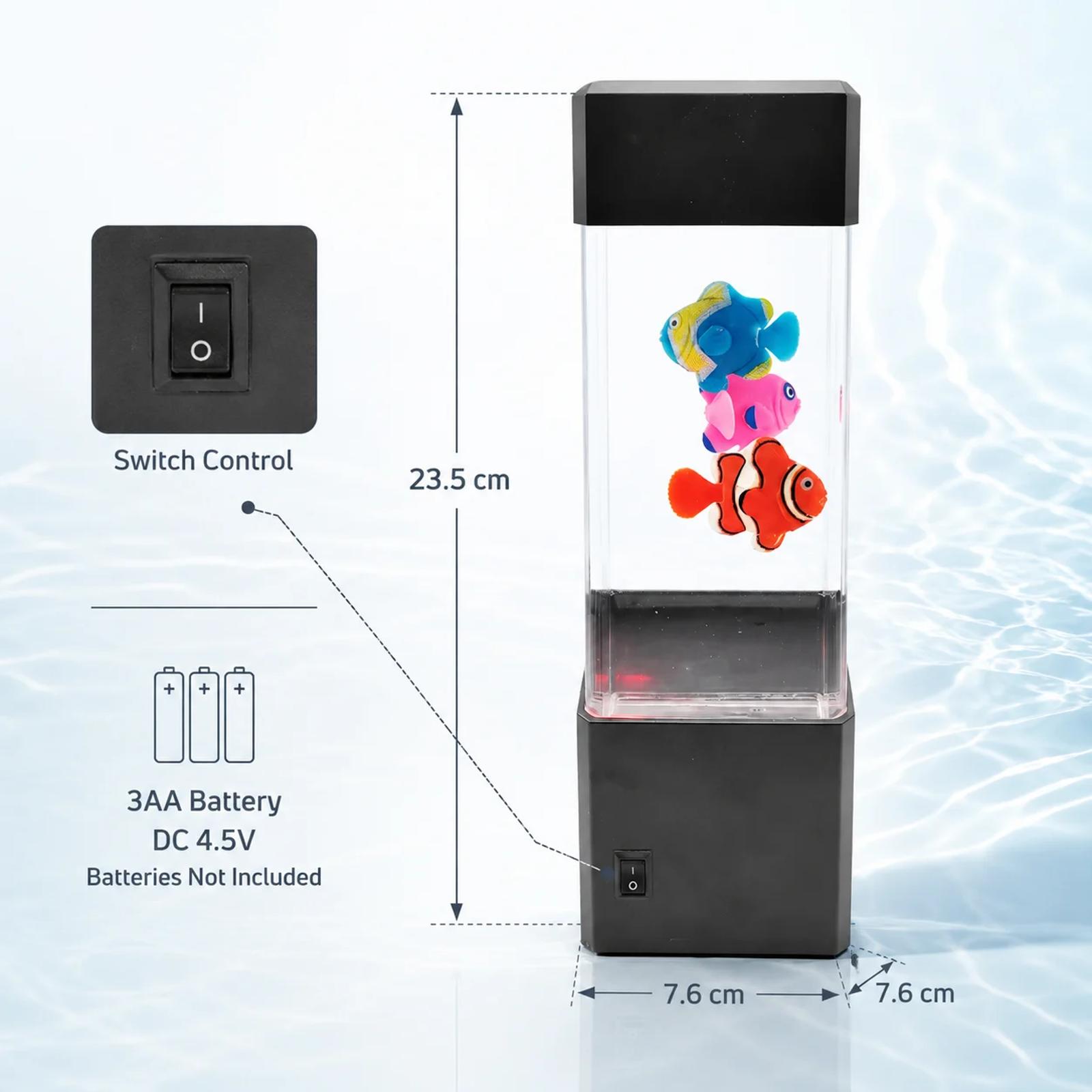 MX-5012 fish aquarium night light specification image showing 23.5 cm height, 7.6 cm width, 3AA battery power and switch control.