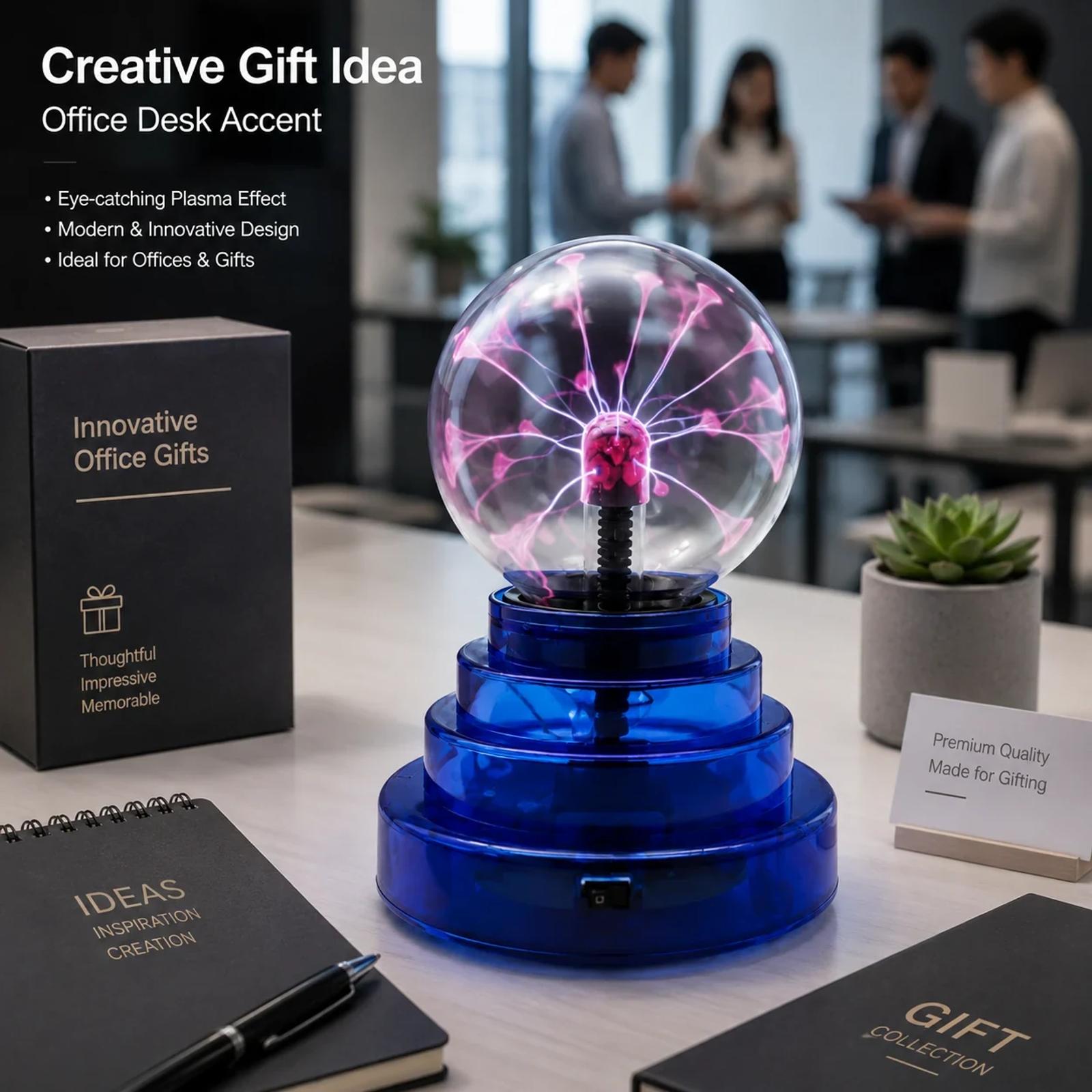 MX-7011 plasma ball light used as a compact desk and gift atmosphere lamp in an office or room scene.