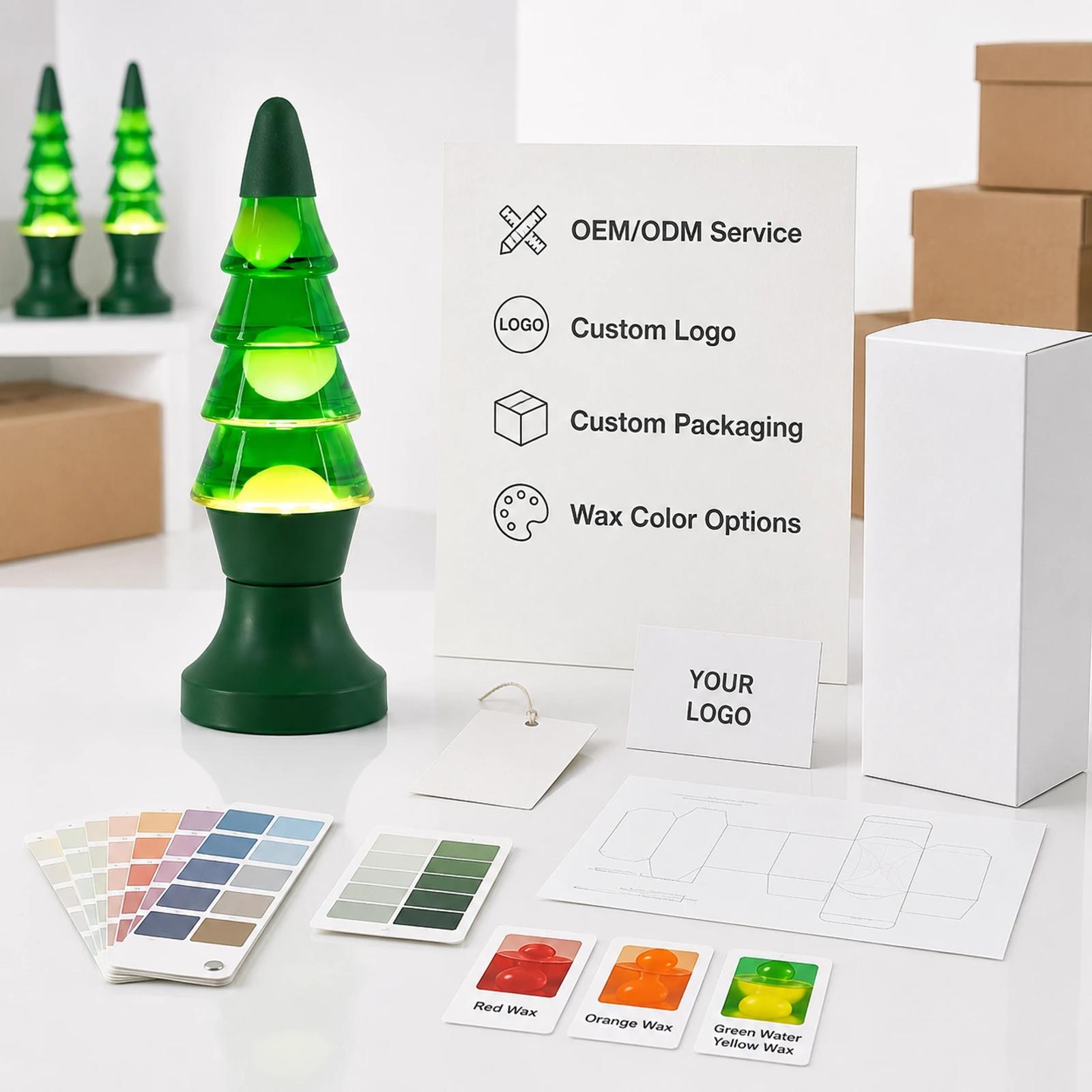 B2B supplier catalog image for MX-3020 Christmas tree lava lamp with OEM ODM service board, blank packaging mockup and wax color options.