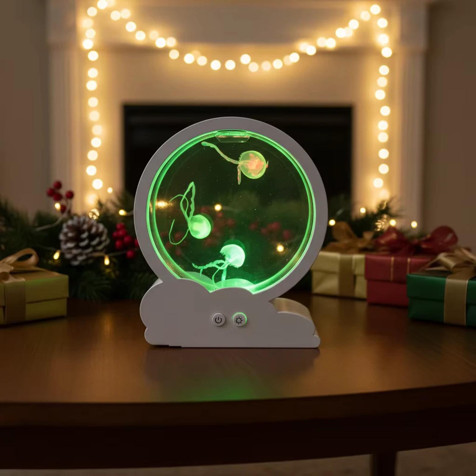 MX-5013C jellyfish night light with green glow displayed on a festive table with gifts and string lights
