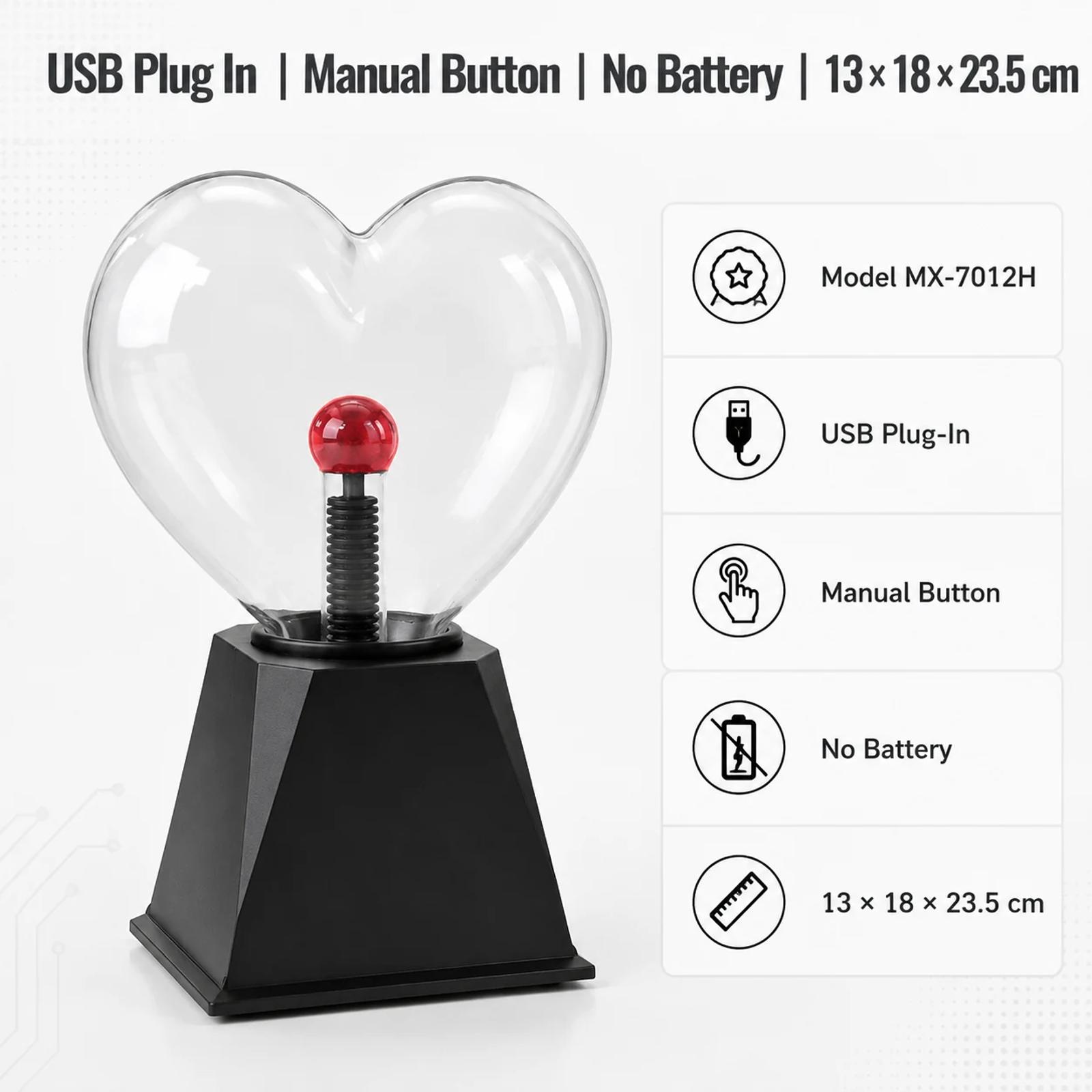 MX-7014B heart plasma light parameter overview showing USB plug-in, manual button, no battery, and size information