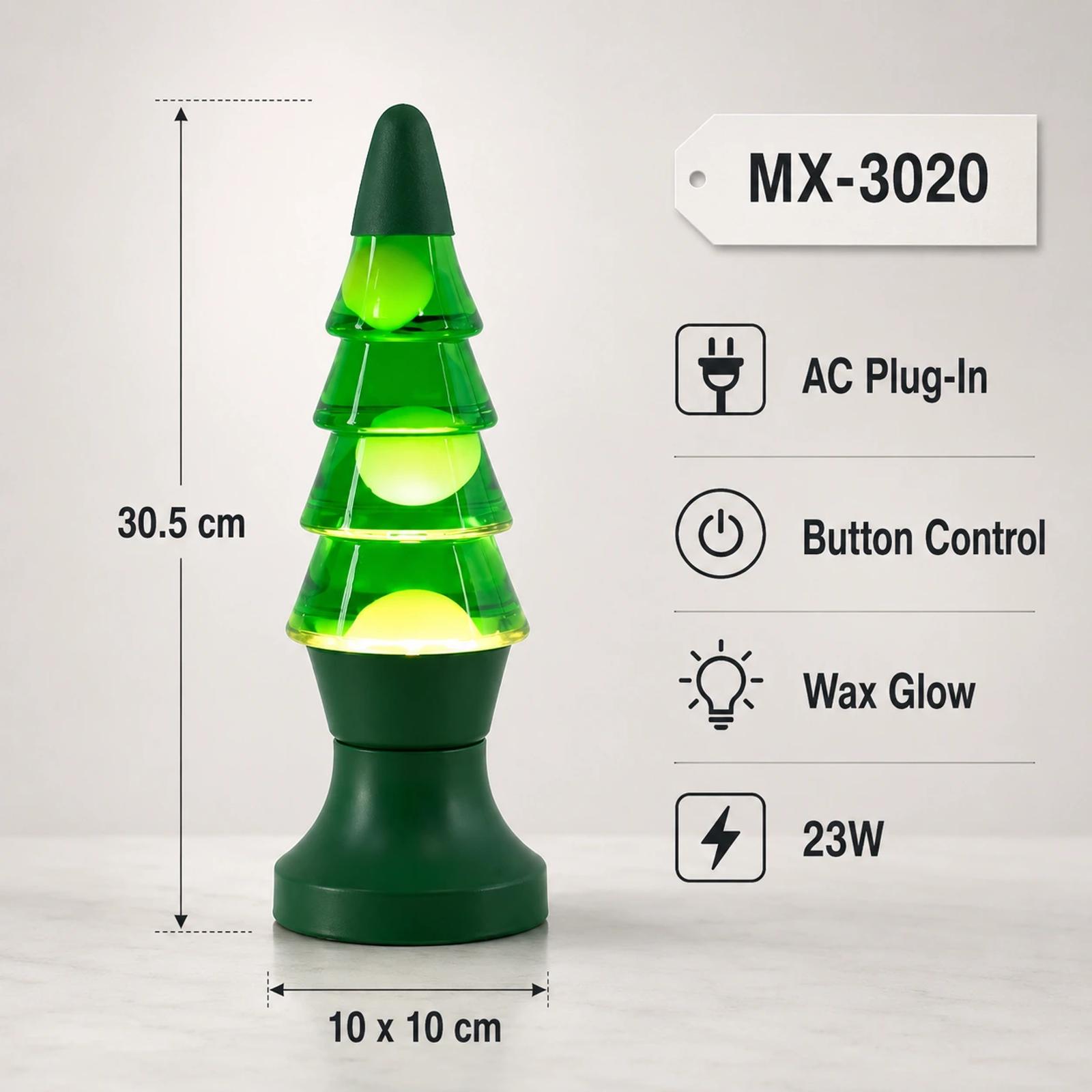 Specification image for MX-3020 Christmas tree lava lamp showing 30.5 cm height, AC plug-in power, button control and 23W.