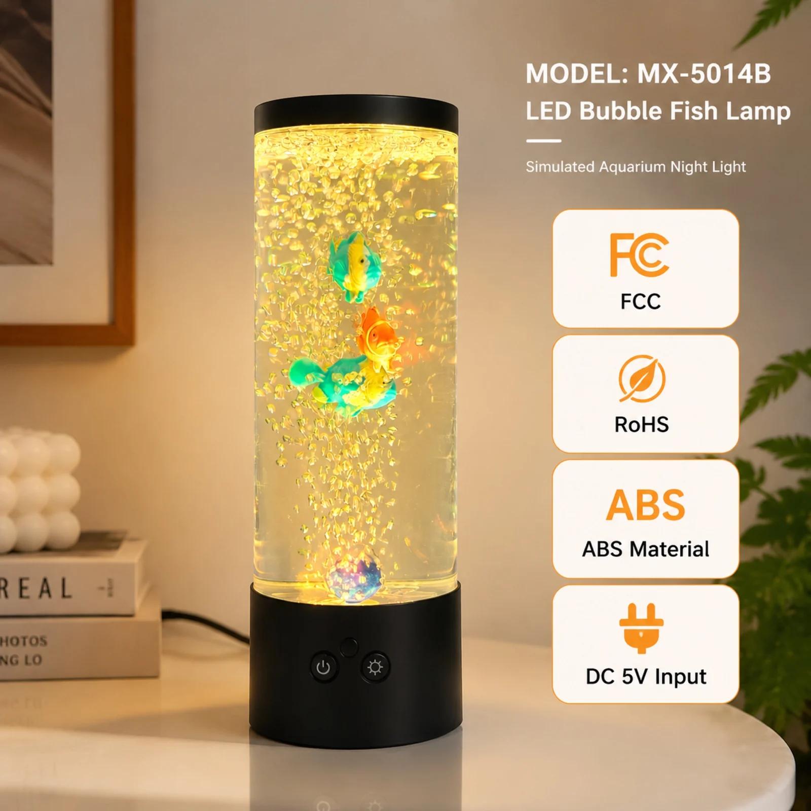 MX-5014B bubble fish lamp feature overview showing 5V input and RGB manual control