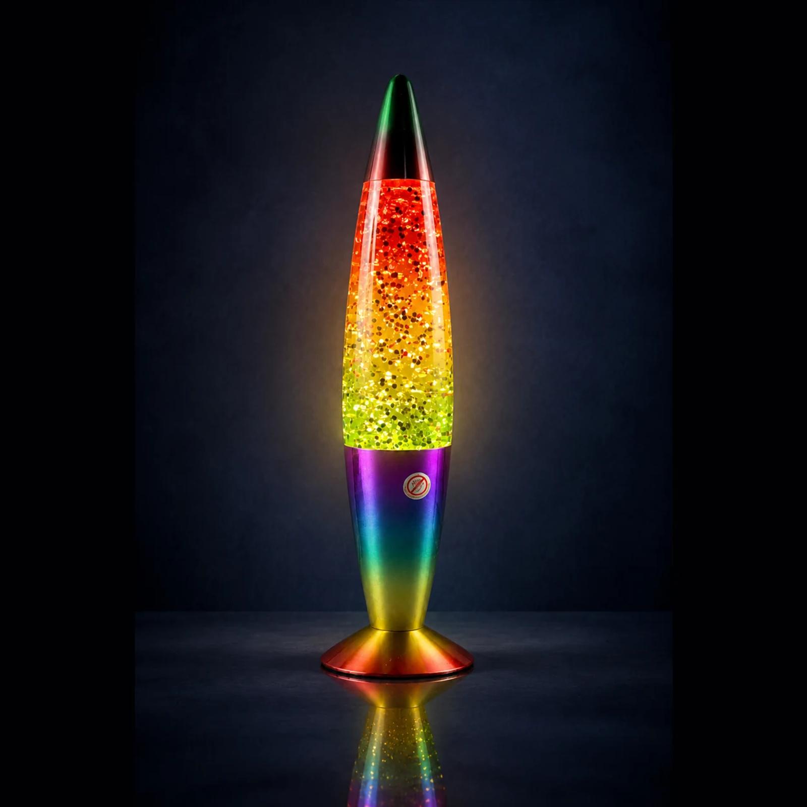 MX-3016R glass glitter lamp glowing on a dark tabletop with colorful glitter and warm decorative light