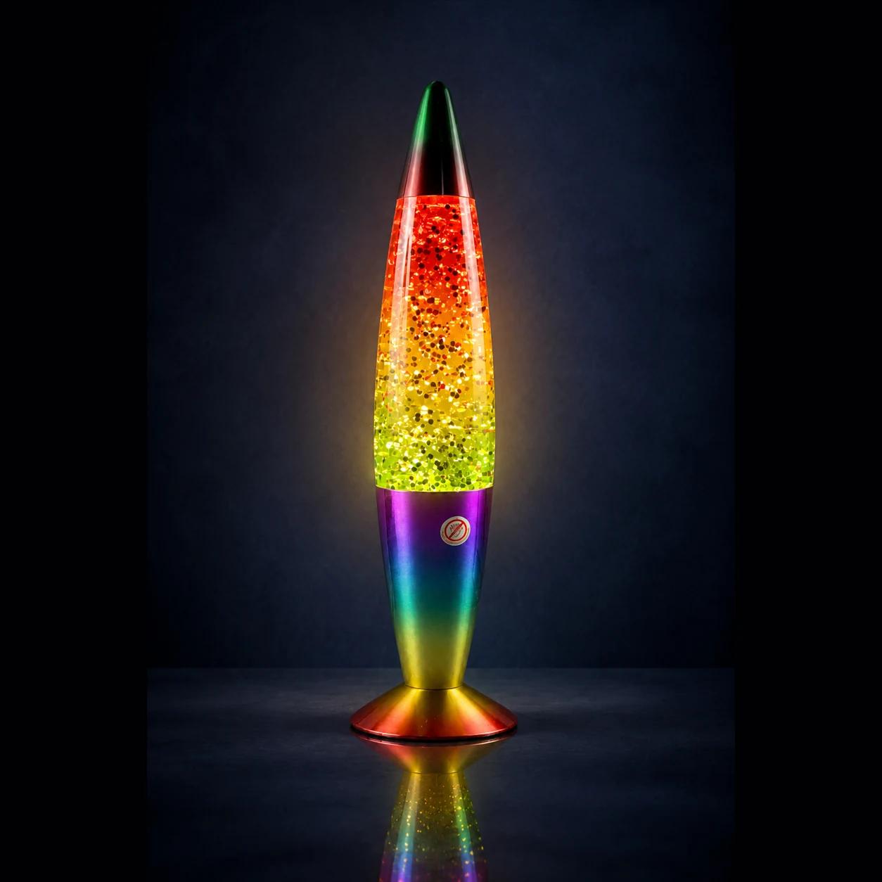 MX-3016R glass glitter lamp glowing on a dark tabletop with colorful glitter and warm decorative light