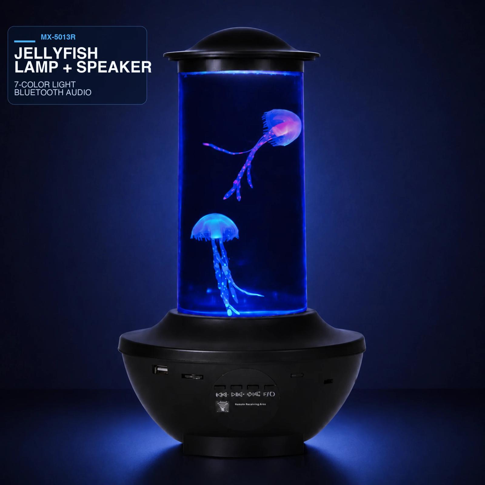 MX-5013R Bluetooth jellyfish speaker lamp glowing blue in a dark studio