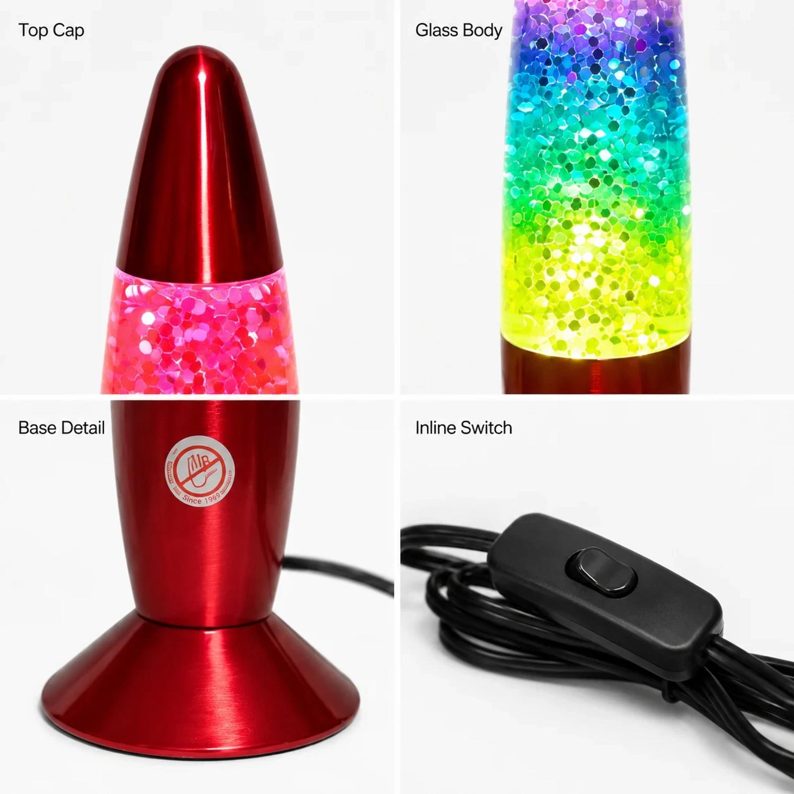 Detail view of MX-3013C glitter lamp showing top cap, transparent body, base detail, and inline switch