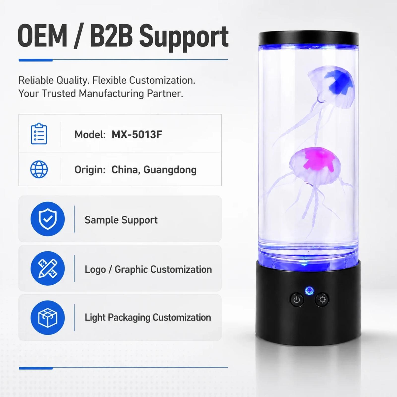 Wholesale support image for MX-5013F LED jellyfish lamp with sample support, logo customization, and light packaging customization information.