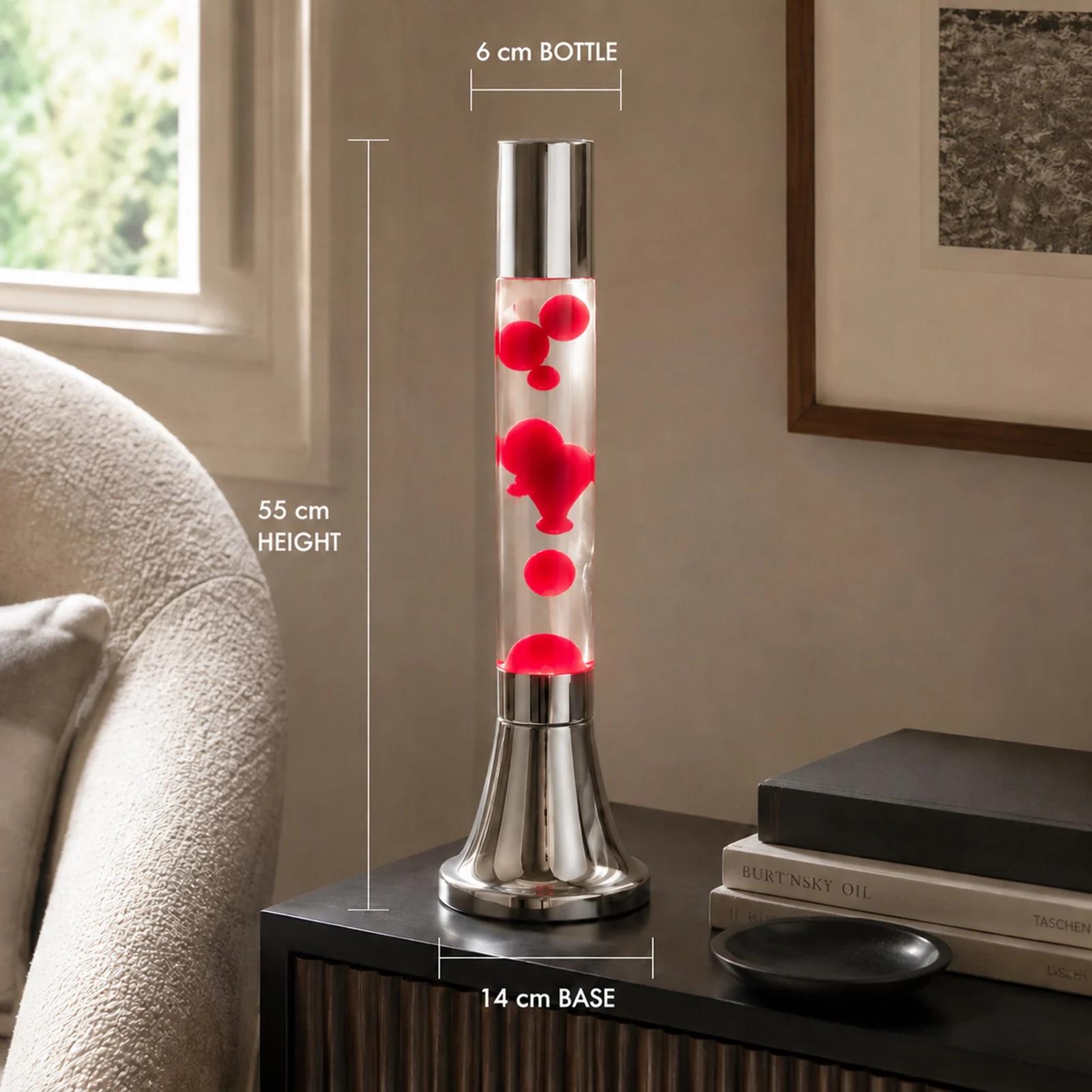 Electroplated lava lamp size guide showing 55 cm height 14 cm base diameter and 6 cm bottle diameter