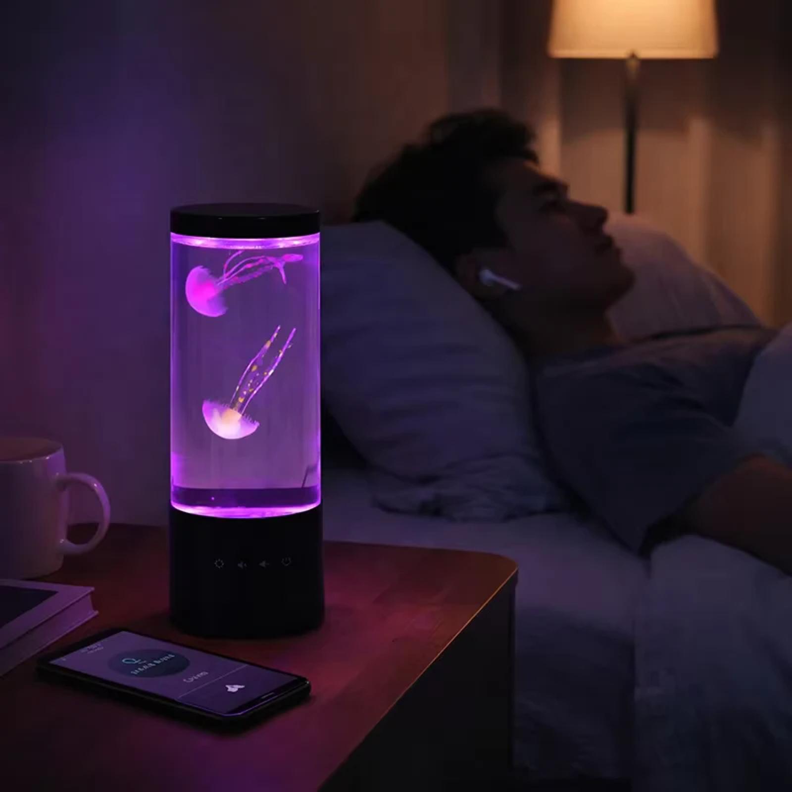 RGB jellyfish mood light used beside a sofa for soft indoor ambient lighting