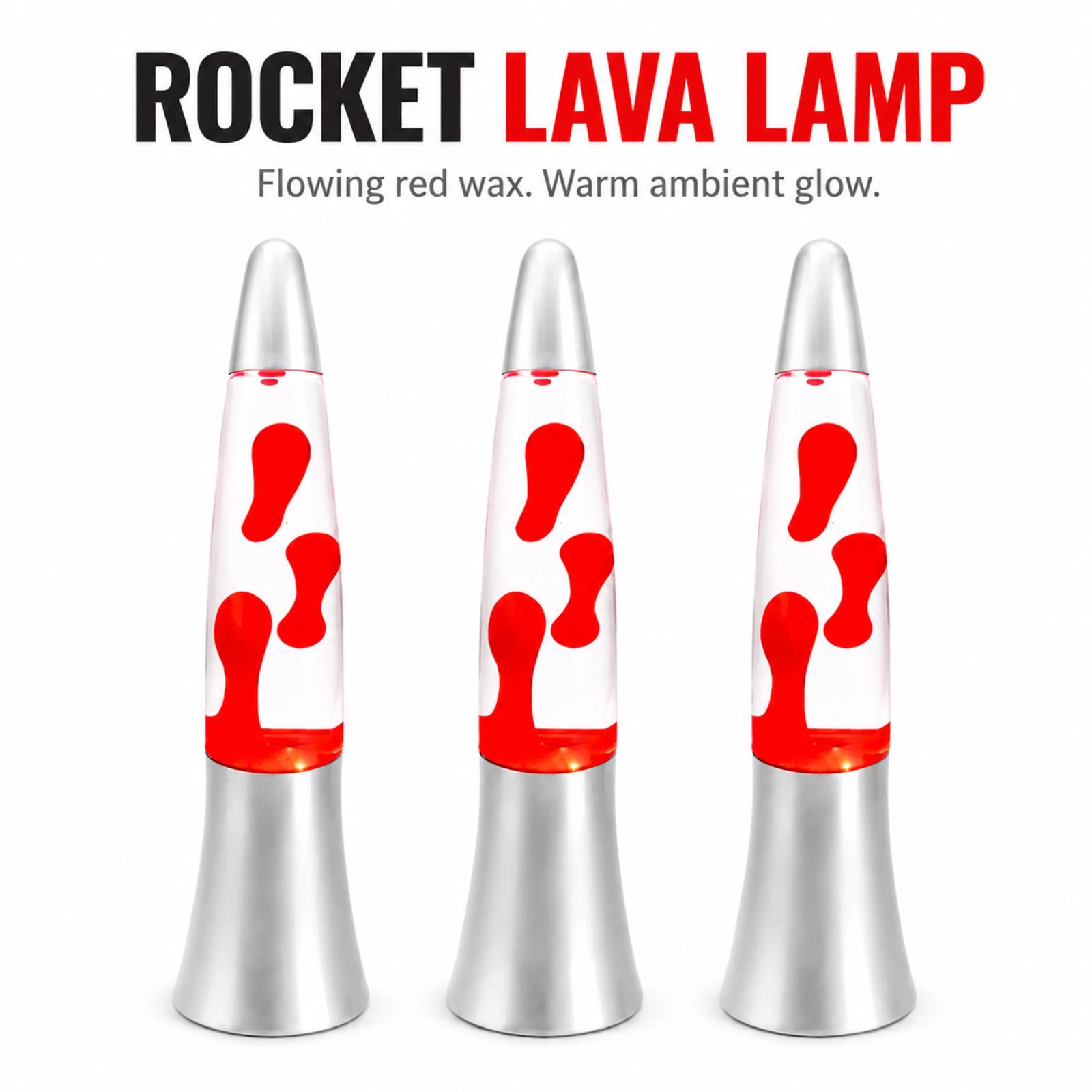 MX-3110 rocket-shaped lava lamp with flowing red wax on a white background