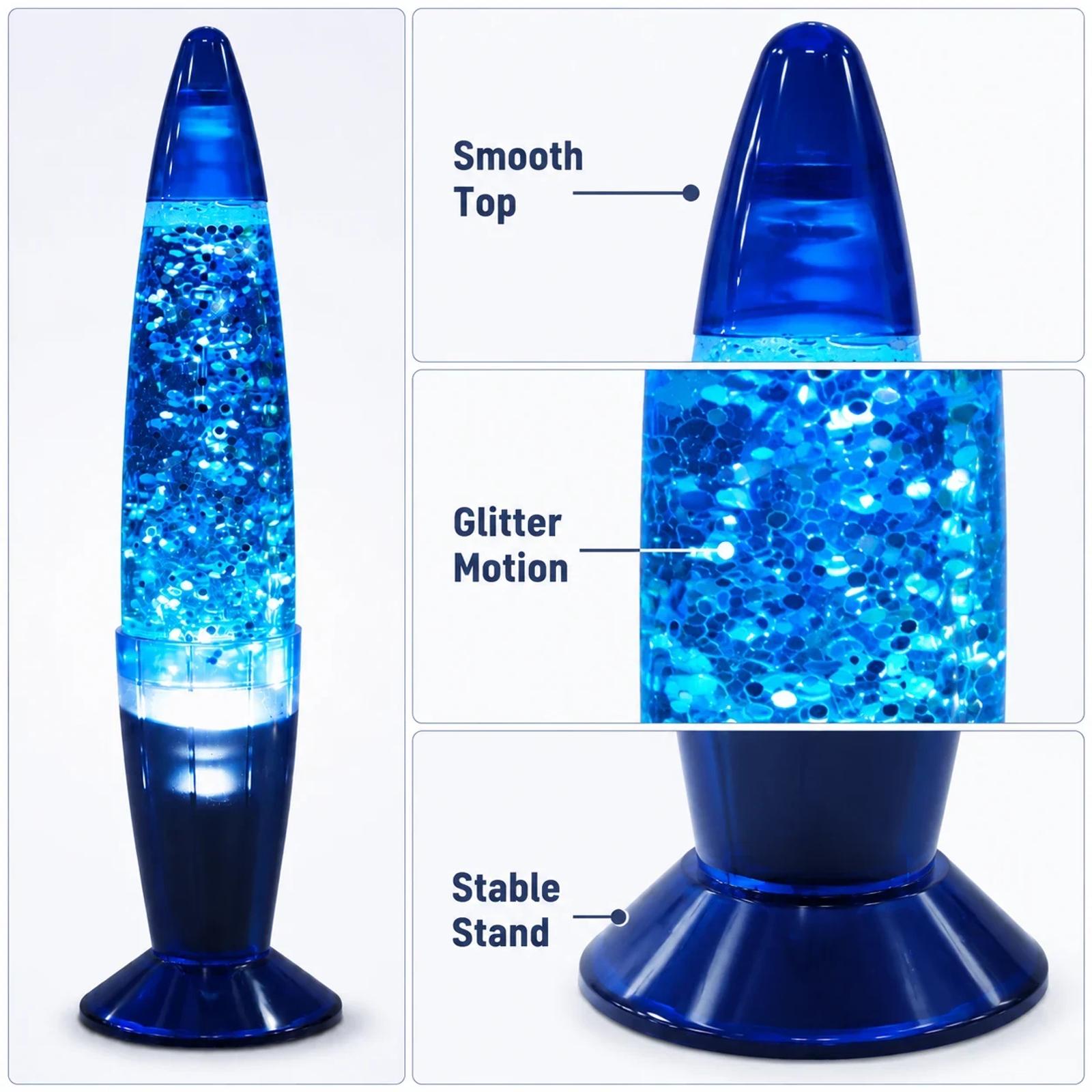 MX-3022 glitter lamp structure detail showing blue transparent body and glitter flow