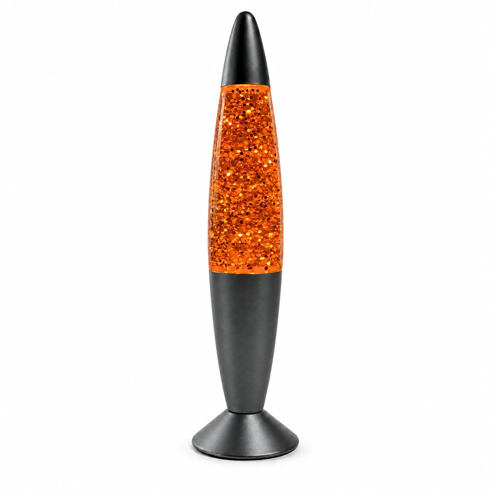 Full view of MX-3013 glass glitter plug-in night light with black top cap and black base on a light background.
