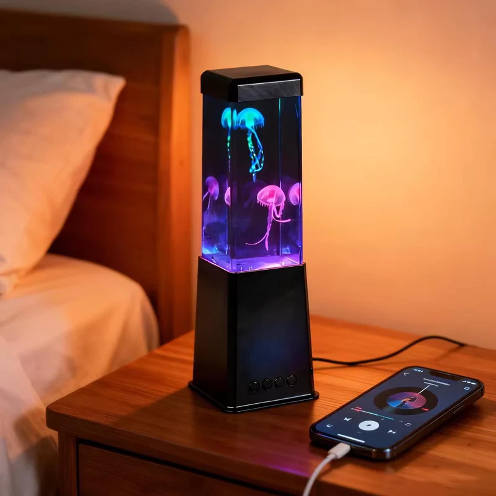 MX-5013D USB powered jellyfish music lamp beside a bed with phone playback