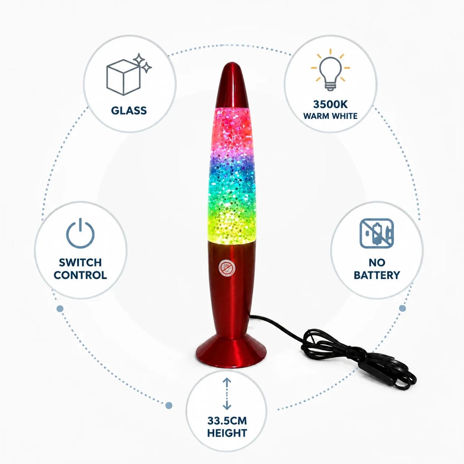 Specification image for MX-3013C plug-in glitter night light showing switch control, no battery, and 33.5 cm height
