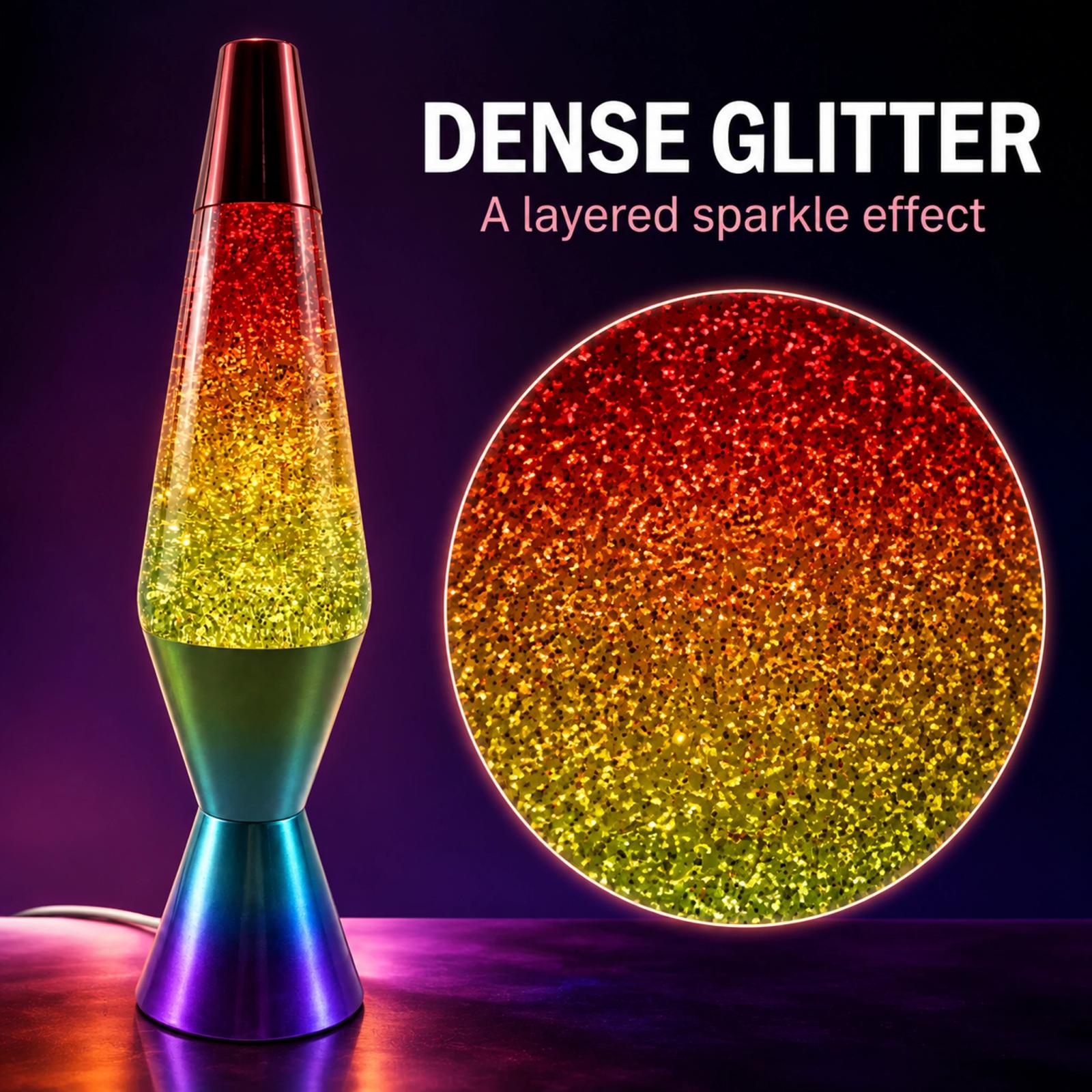 Close-up of dense red and gold glitter motion inside the MX-3027A lamp