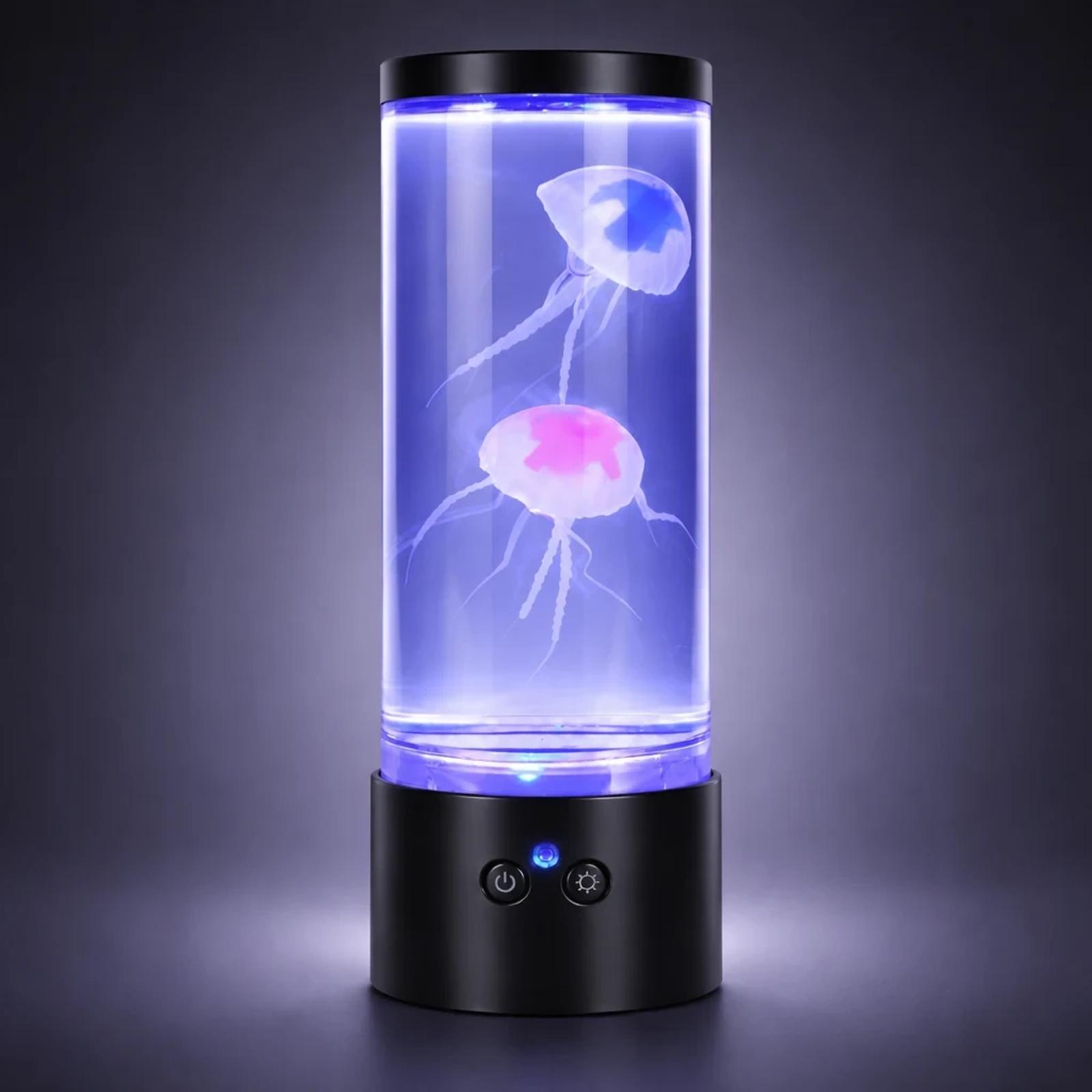 MX-5013F LED jellyfish lamp glowing in blue purple RGB light for bedroom night light display.